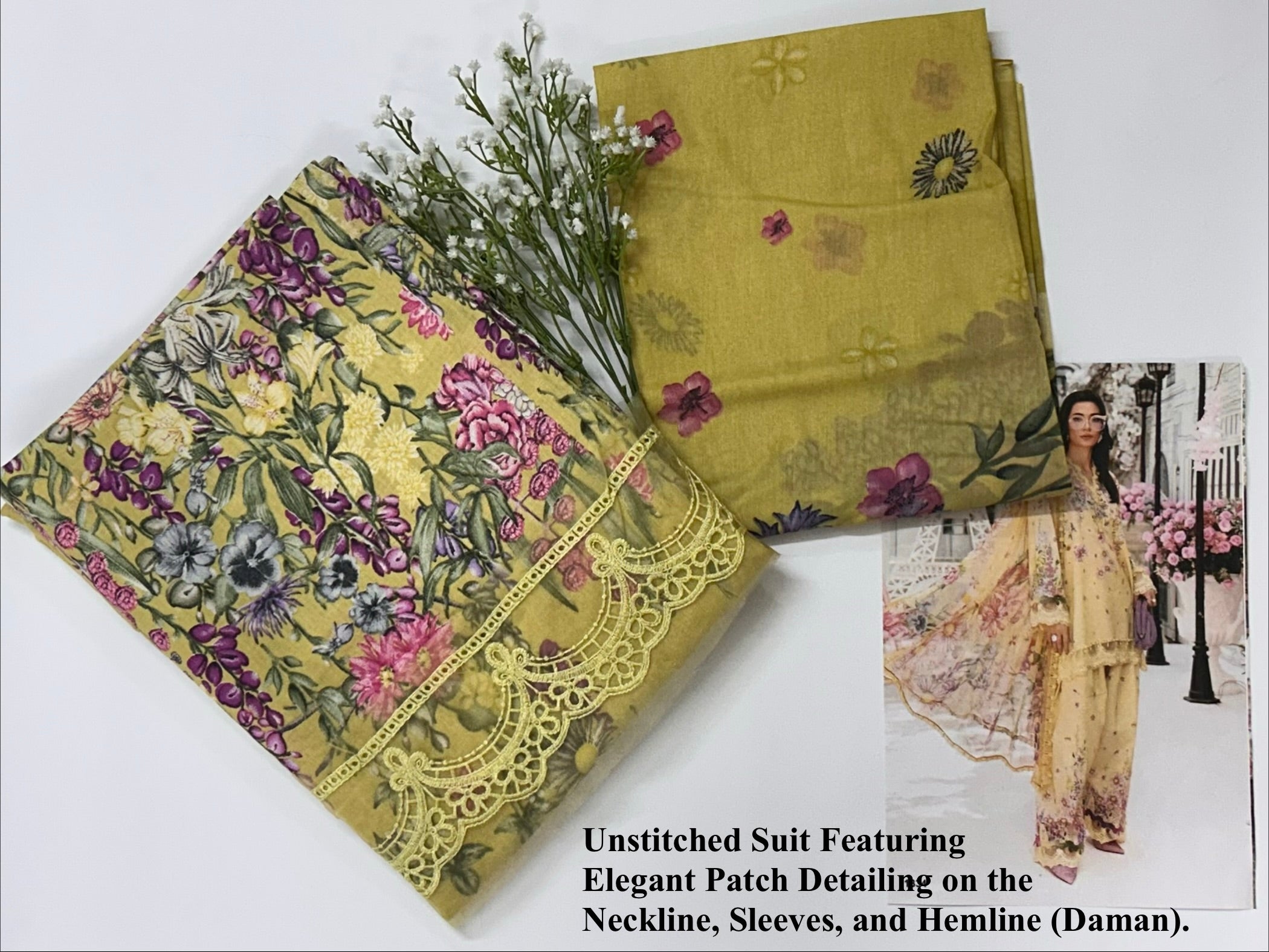 Pastel Yellow Floral Cambric Unstitched Salwar Suit Set