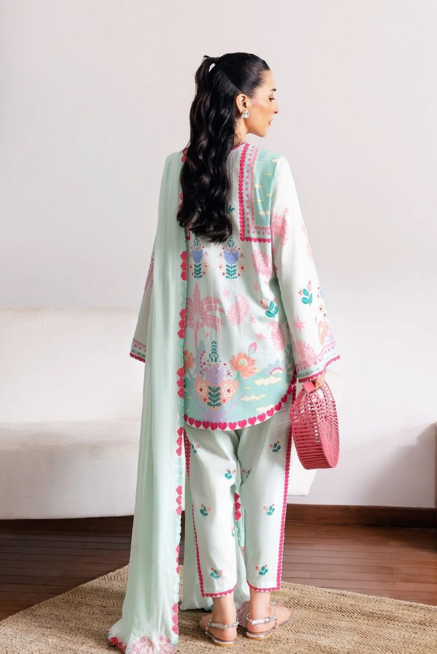 Mint Green Premium Royal Maslin 3-Piece Co-Ord Set with Dupatta | Boutique Stitching