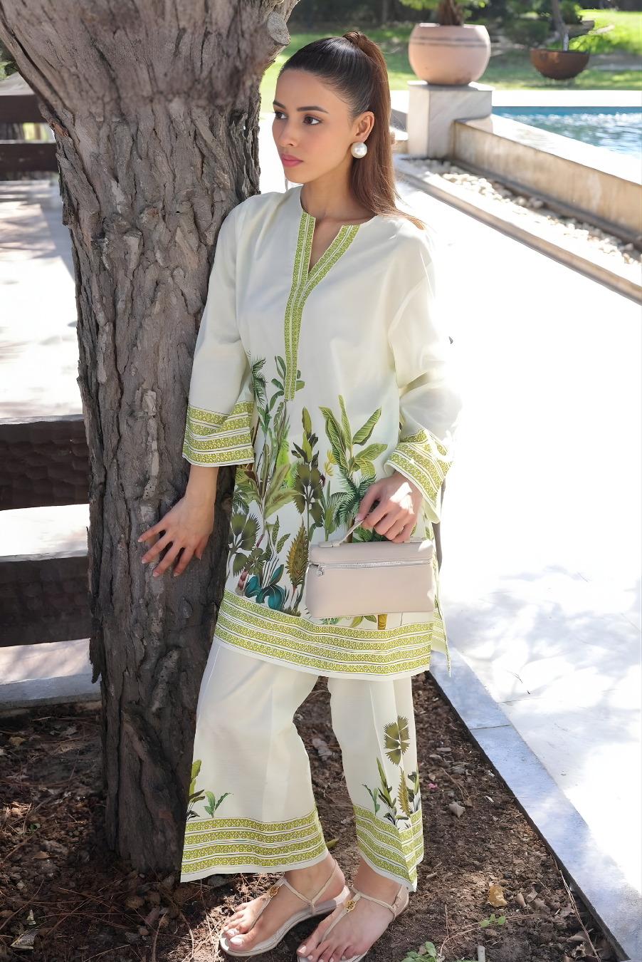 Ivory Green Botanical Print Cambric Linen 2-Piece Co-Ord Set with Boutique Stitching