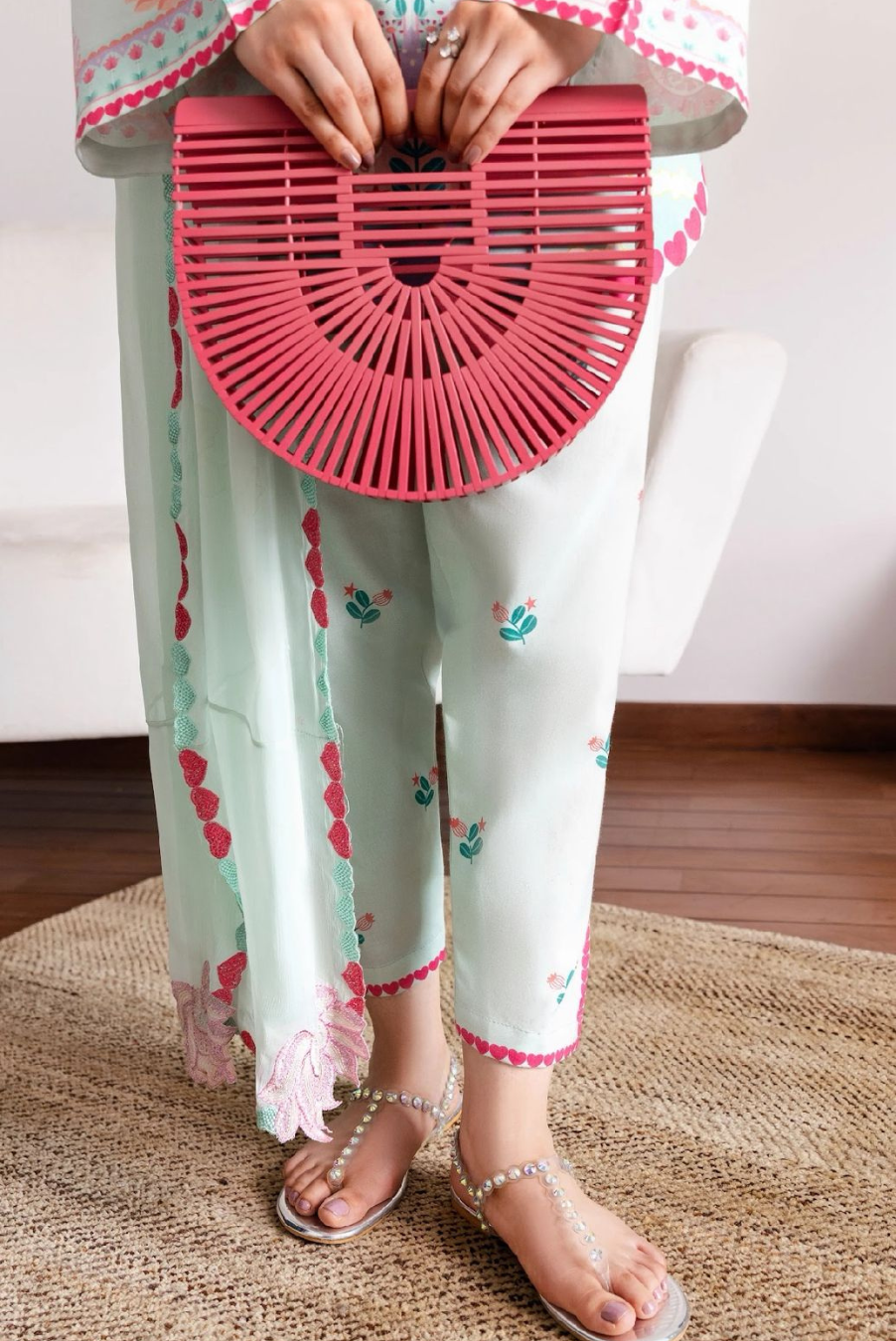 Mint Green Premium Royal Maslin 3-Piece Co-Ord Set with Dupatta | Boutique Stitching