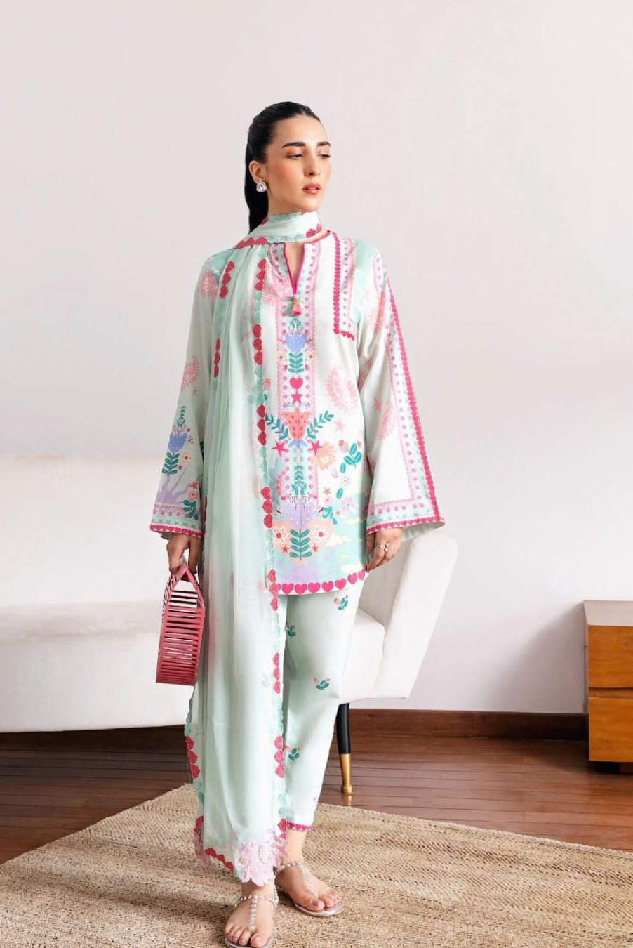 Mint Green Premium Royal Maslin 3-Piece Co-Ord Set with Dupatta | Boutique Stitching