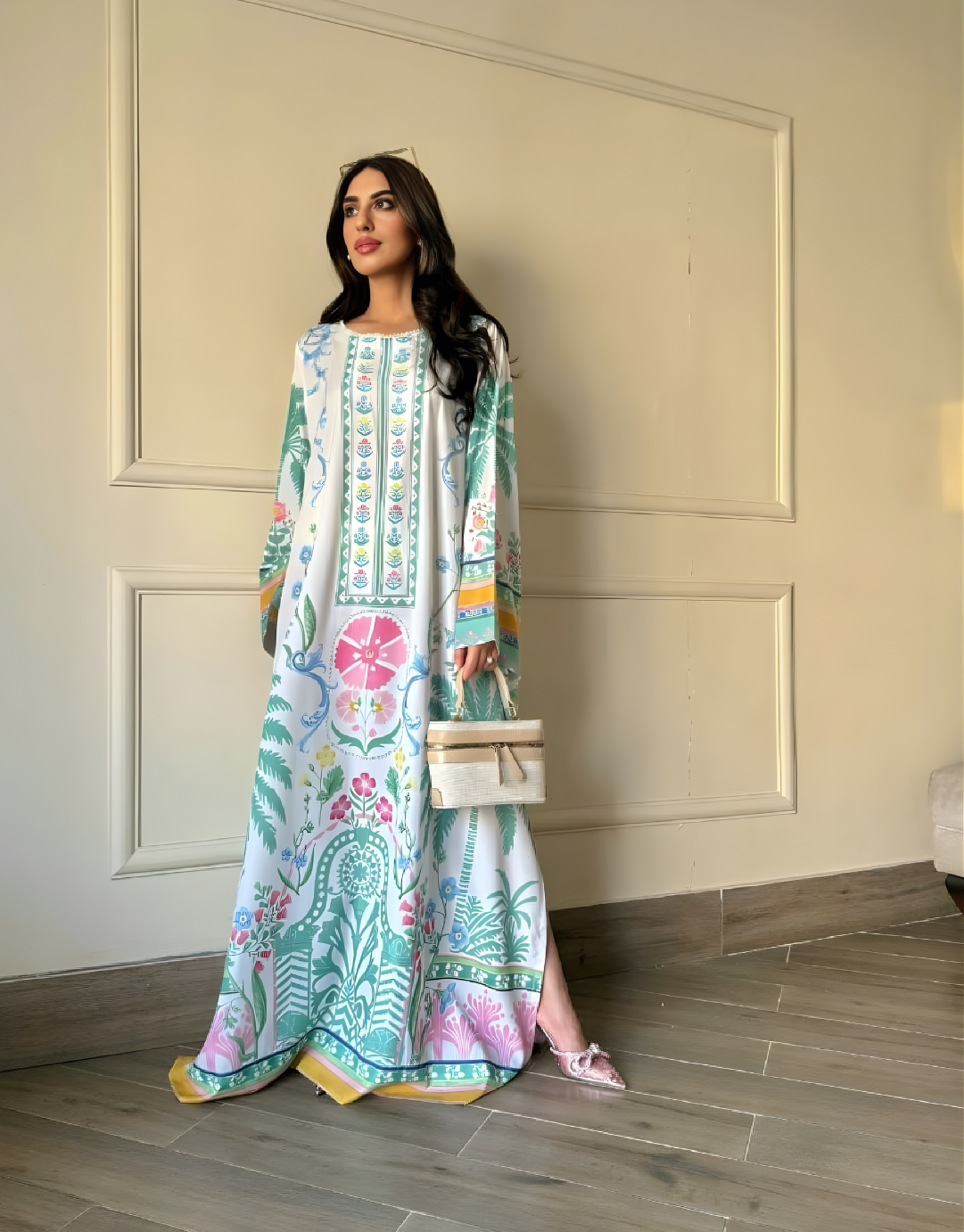 White Multicolour Floral Printed Long Gown | Premium Natural Crepe