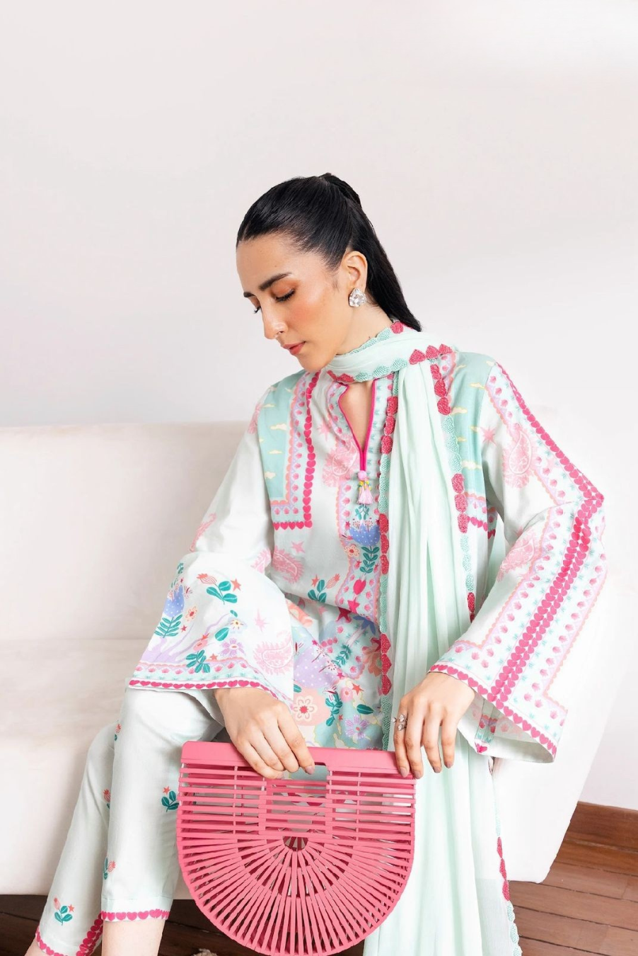 Mint Green Premium Royal Maslin 3-Piece Co-Ord Set with Dupatta | Boutique Stitching