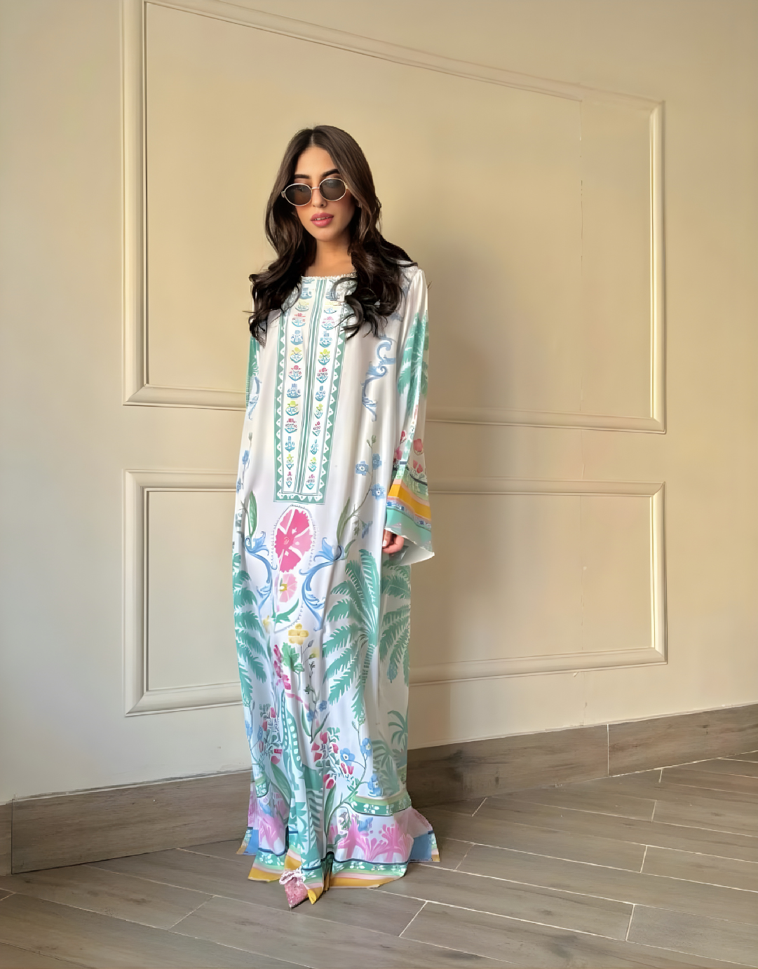 White Multicolour Floral Printed Long Gown | Premium Natural Crepe