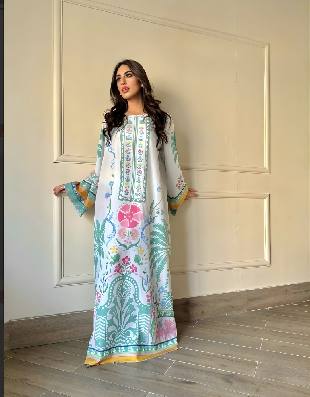 White Multicolour Floral Printed Long Gown | Premium Natural Crepe