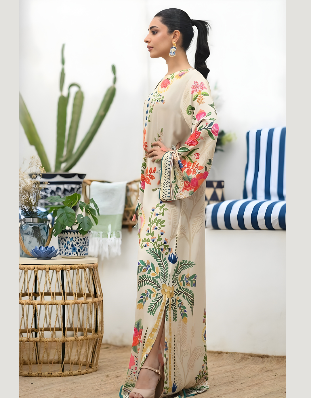 Beige Multicolour Floral Printed Long Gown | Premium Imported Natural Crepe