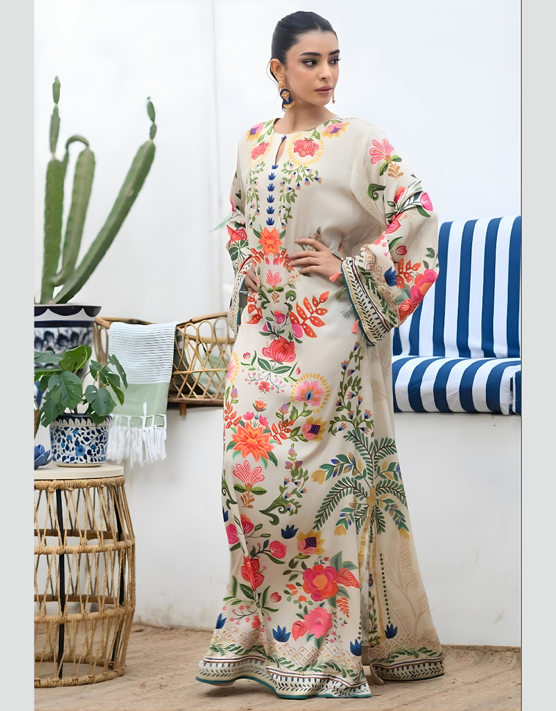 Beige Multicolour Floral Printed Long Gown | Premium Imported Natural Crepe