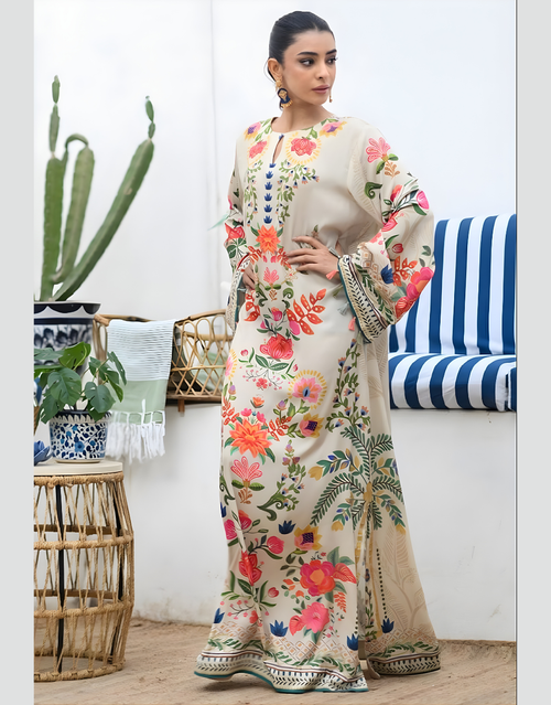 Beige Multicolour Floral Printed Long Gown | Premium Imported Natural Crepe