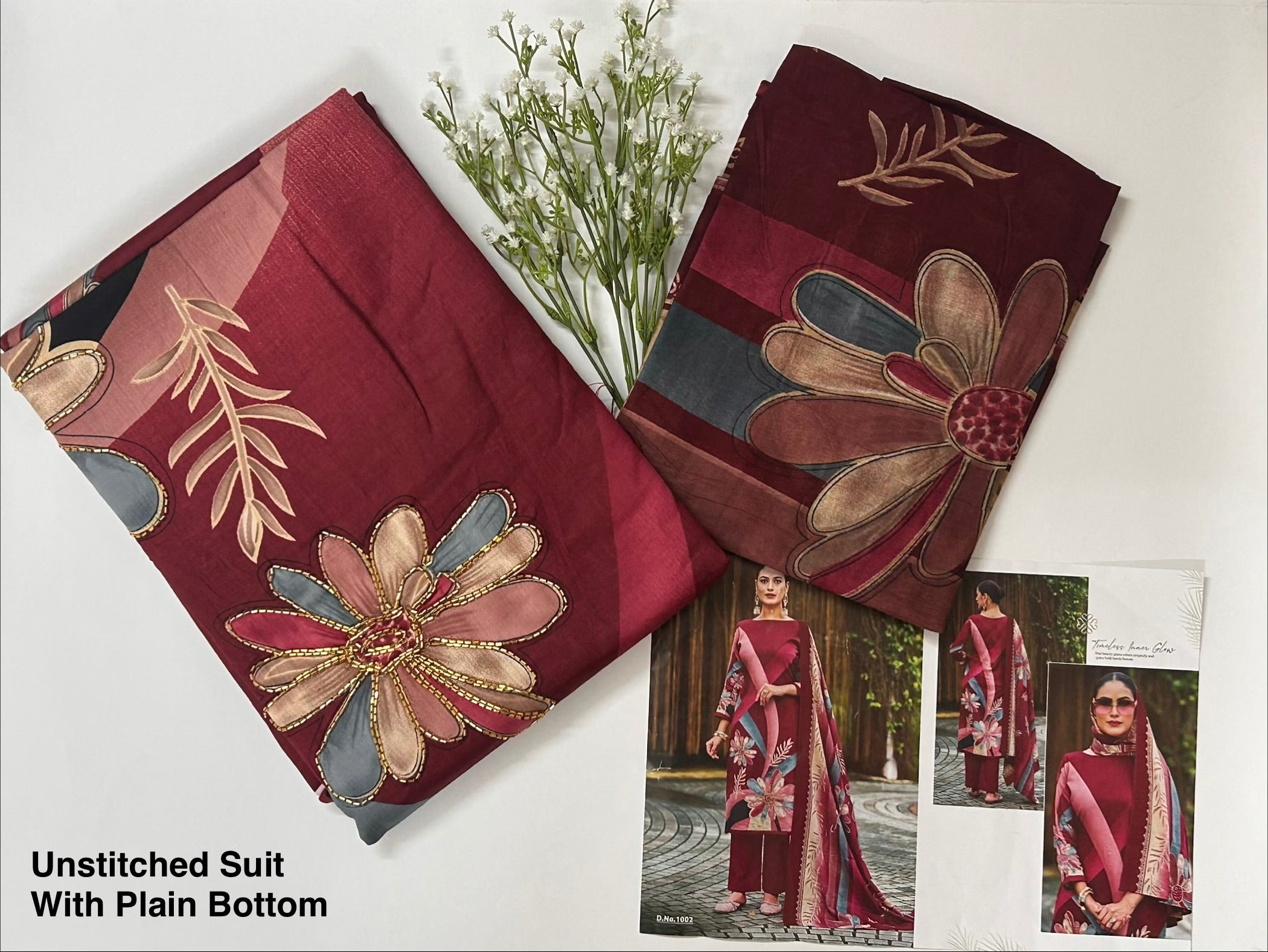 Wine Maroon Unstitched Cotton Salwar Suit With Floral Print