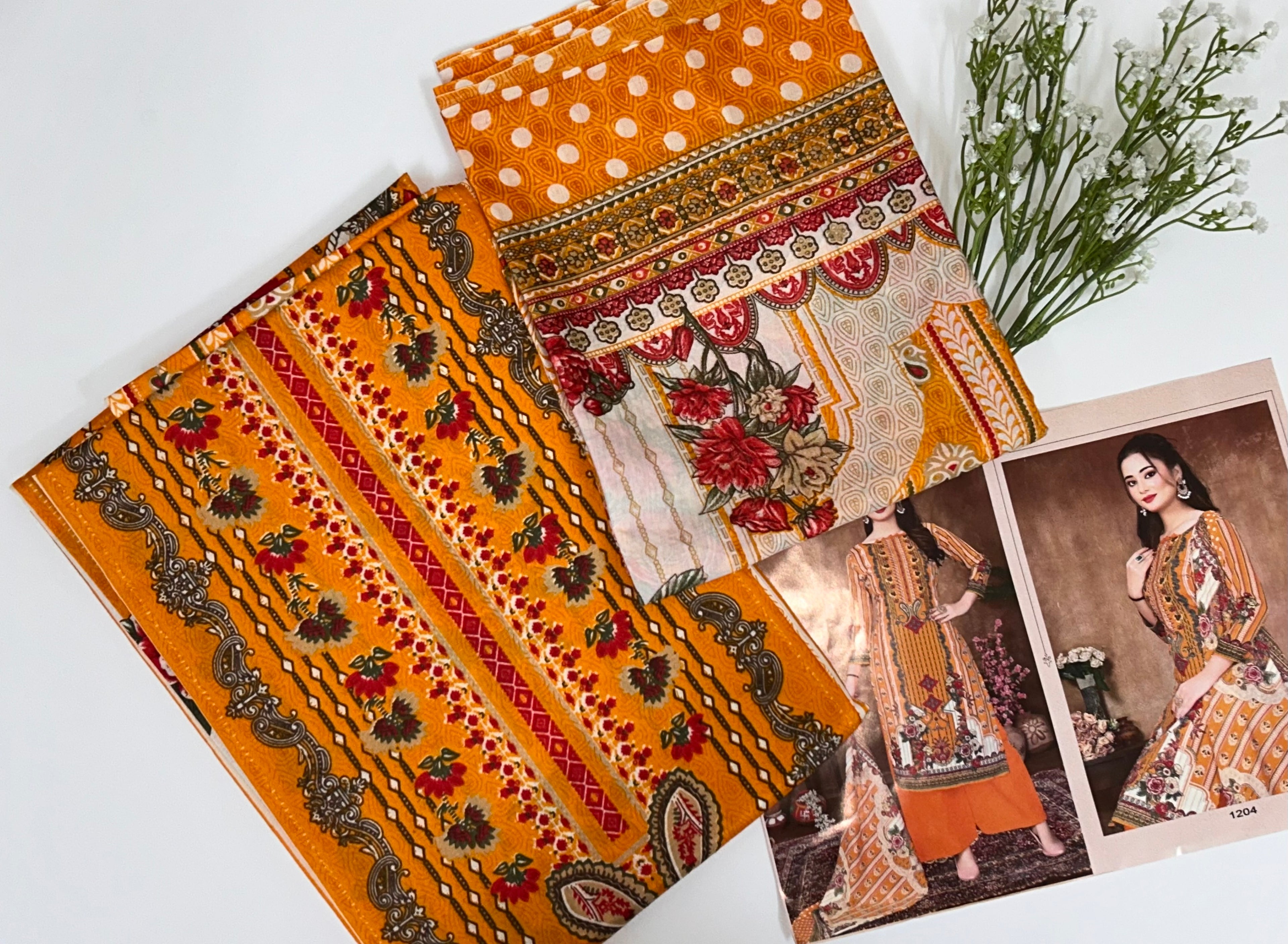 Mustard Yellow Printed Unstitched Salwar Suit Set
