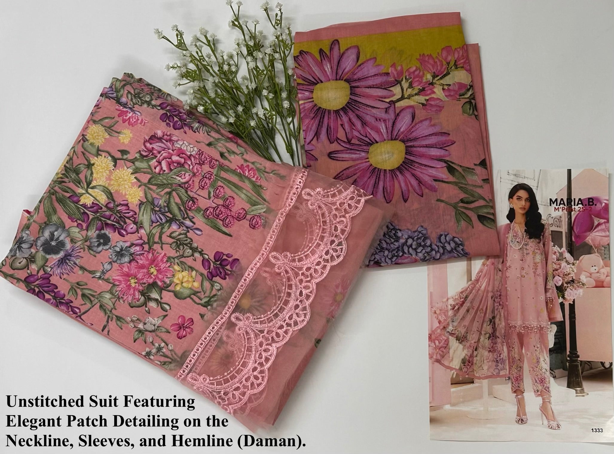 Soft Pink Floral Cambric Unstitched Salwar Suit Set