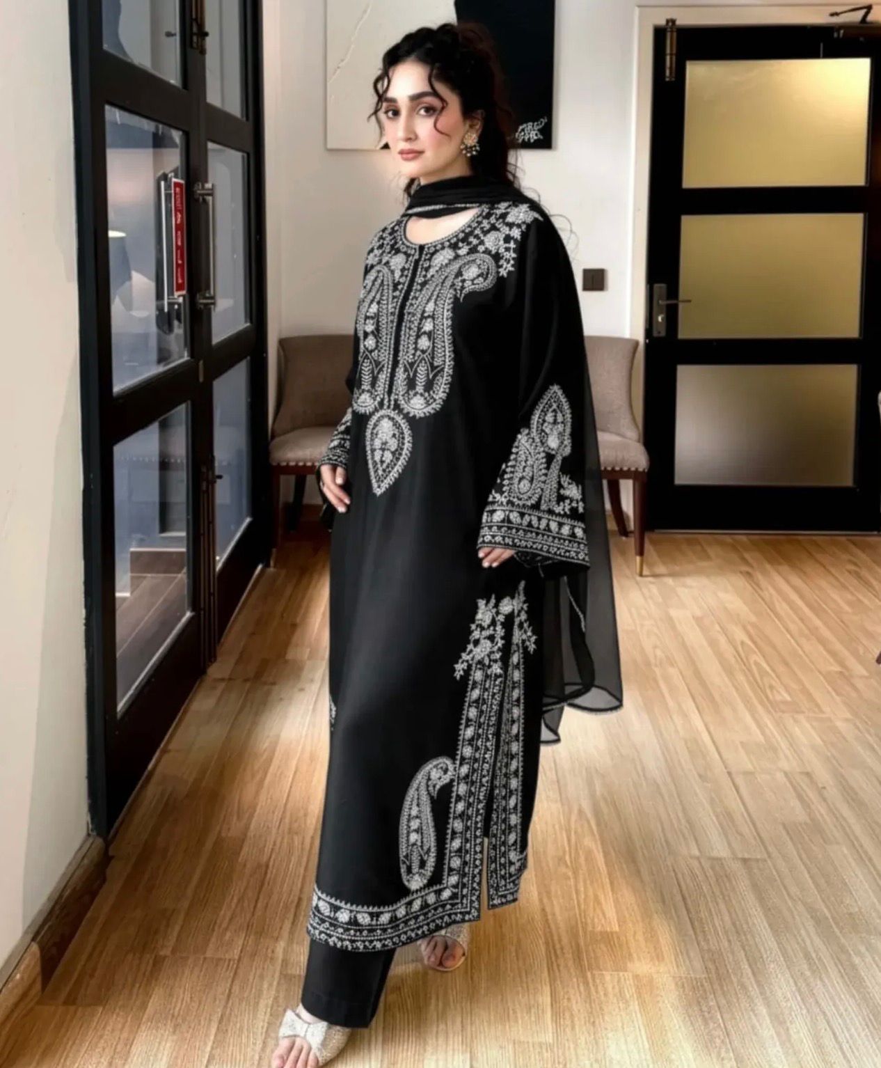 "Black Pure Cotton 3 Piece Suit Set For Women | Fully Printed Kurti Pant Chiffon Dupatta Coord Set | Limited Edition Daily Wear Outfit  ✅ DESCRIPTION"