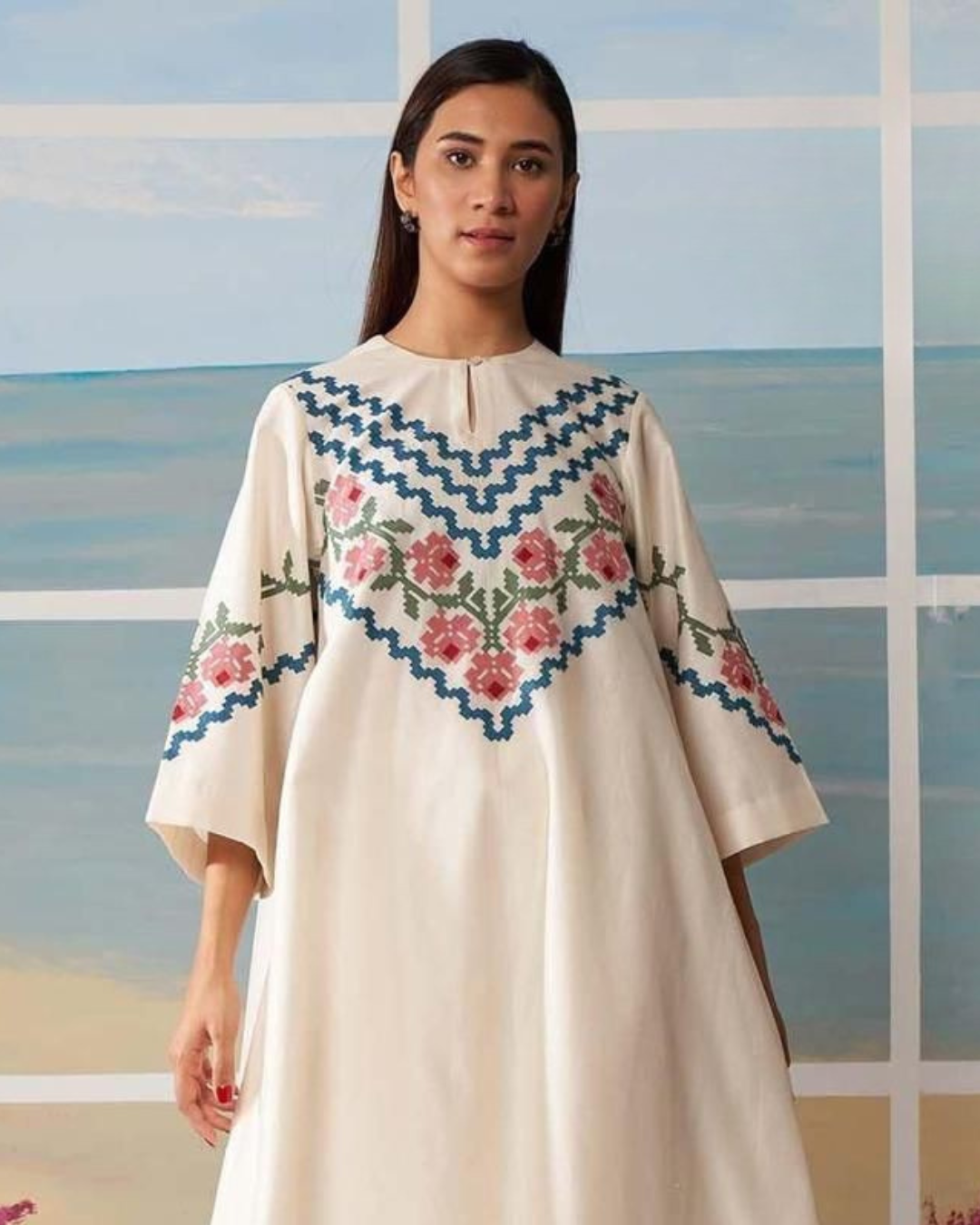 Ivory Pure Cotton Rayon Kurta Pant Set with Teal & Pink Embroidery | Women Ethnic Wear