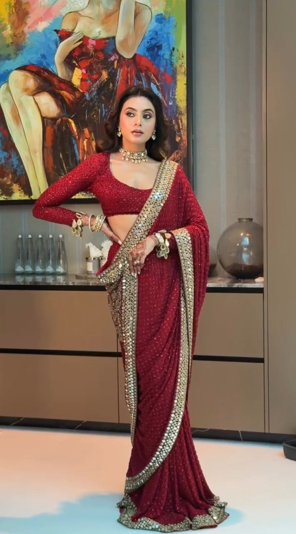 Maroon Heavy Georgette Saree with 3mm Sequin Embroidery & Mirror Lace Border