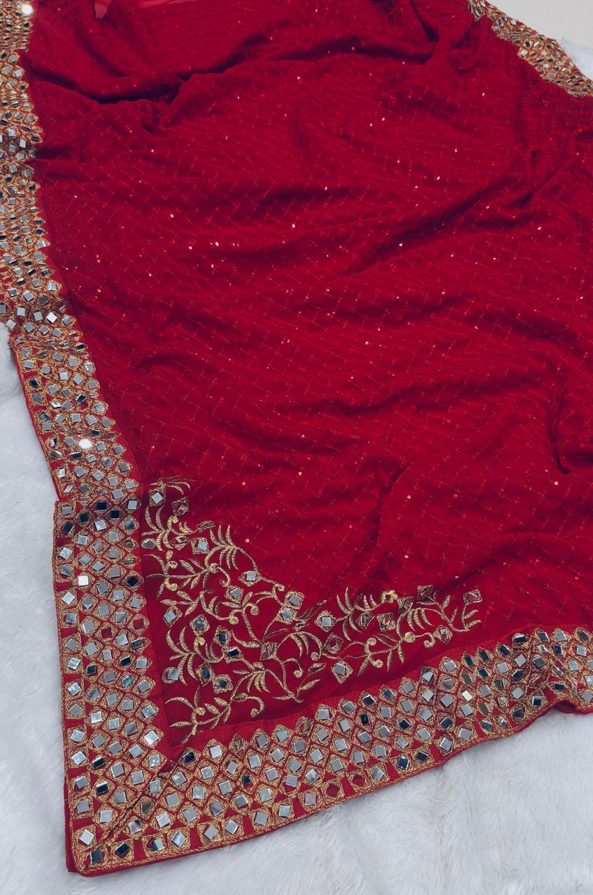 Maroon Heavy Georgette Saree with 3mm Sequin Embroidery & Mirror Lace Border