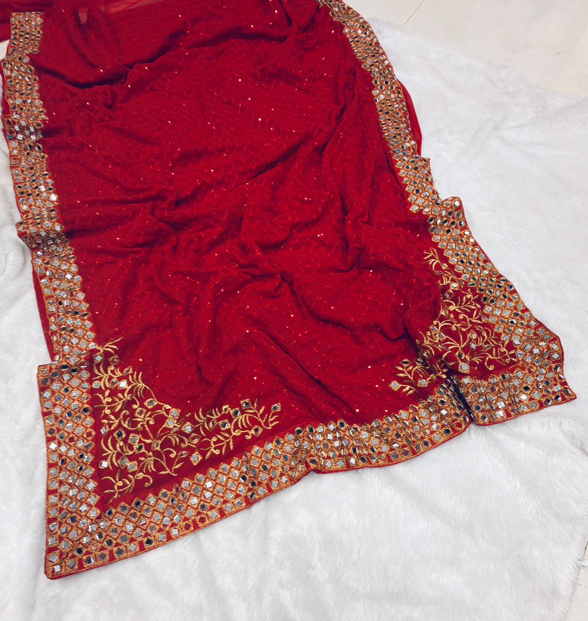 Maroon Heavy Georgette Saree with 3mm Sequin Embroidery & Mirror Lace Border