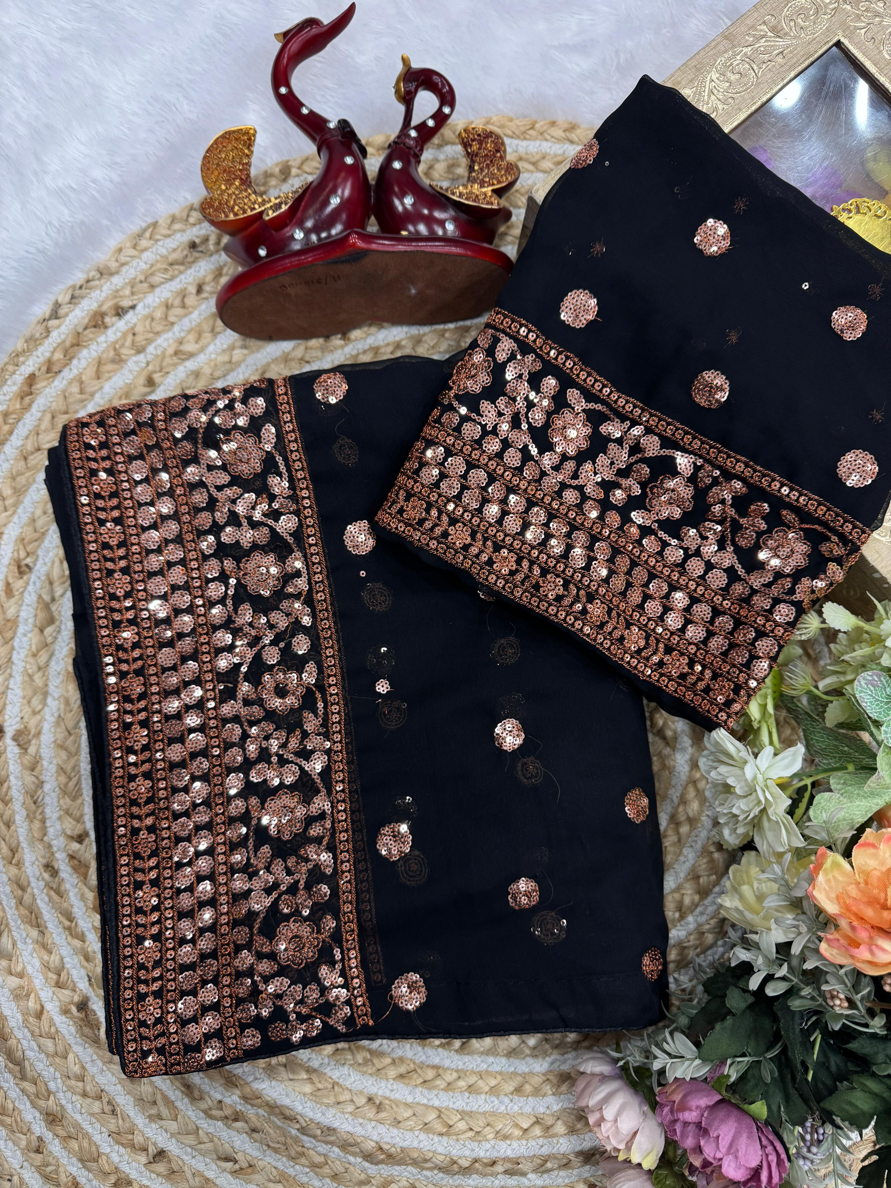 Heavy Soft Georgette Saree with Sequins Embroidery Work & Matching Blouse