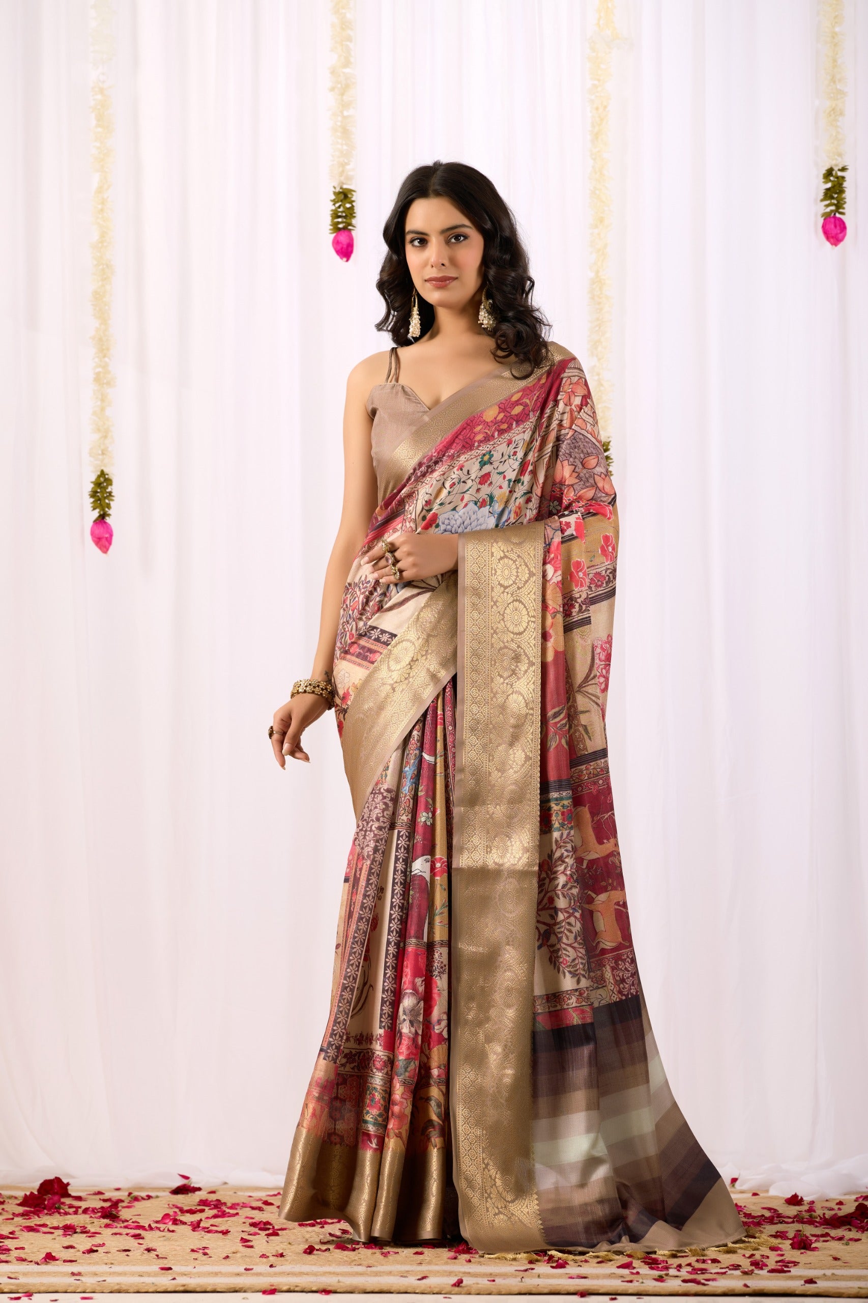 Soft Lichi Silk Saree with Tribal Art Digital Print & Rich Zari Border | Festive Wear Saree with Contrast Blouse