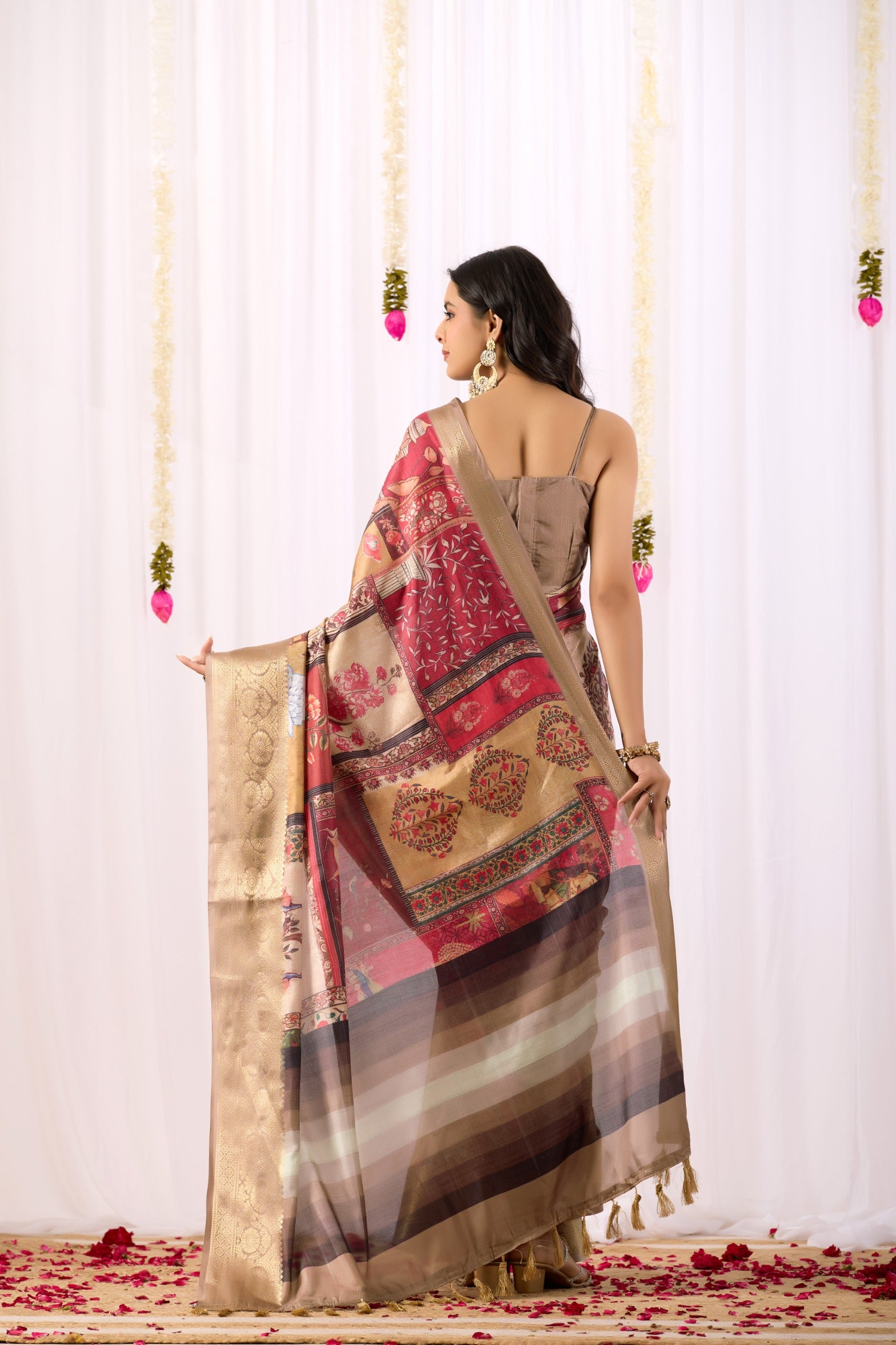 Soft Lichi Silk Saree with Tribal Art Digital Print & Rich Zari Border | Festive Wear Saree with Contrast Blouse