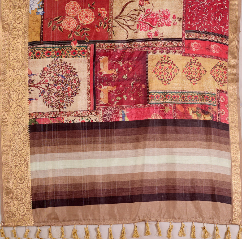 Soft Lichi Silk Saree with Tribal Art Digital Print & Rich Zari Border | Festive Wear Saree with Contrast Blouse