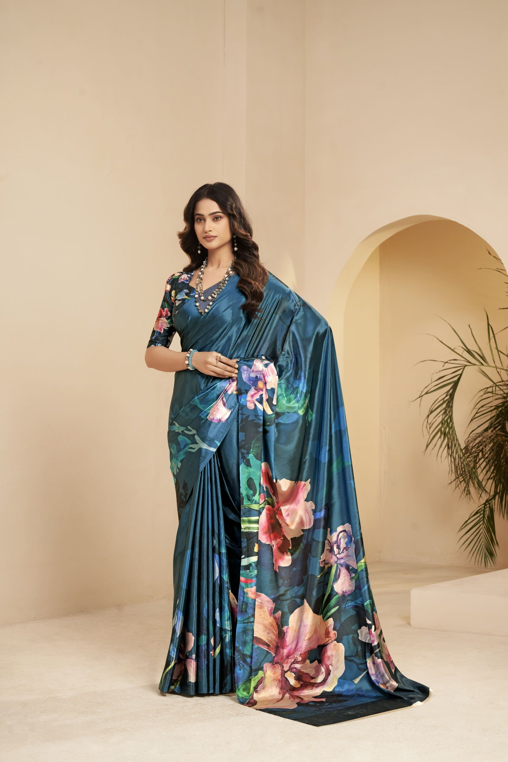 Premium Malai Crepe Soft Silk Saree with Digital Floral Print – Party Wear Saree