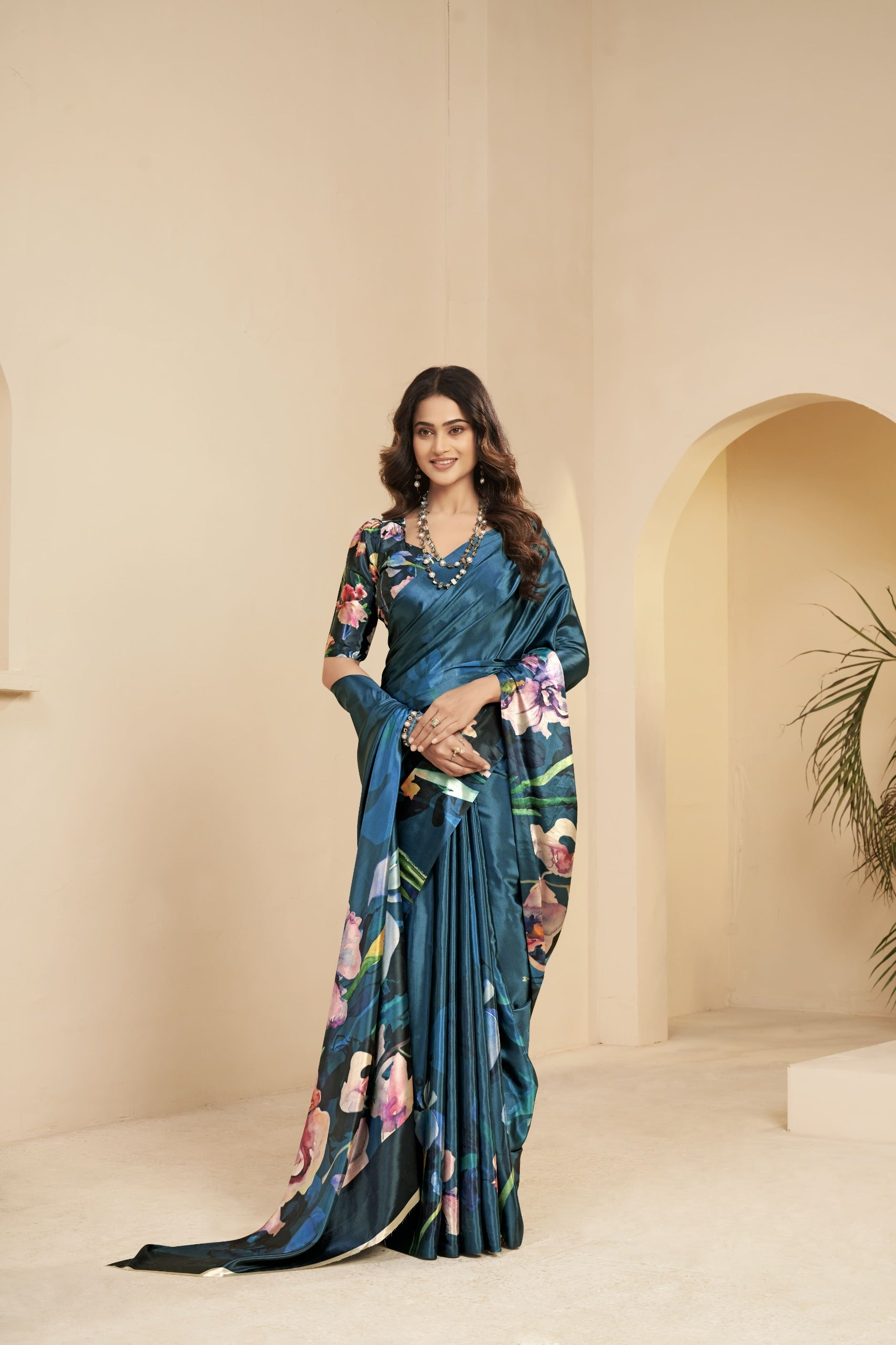 Premium Malai Crepe Soft Silk Saree with Digital Floral Print – Party Wear Saree