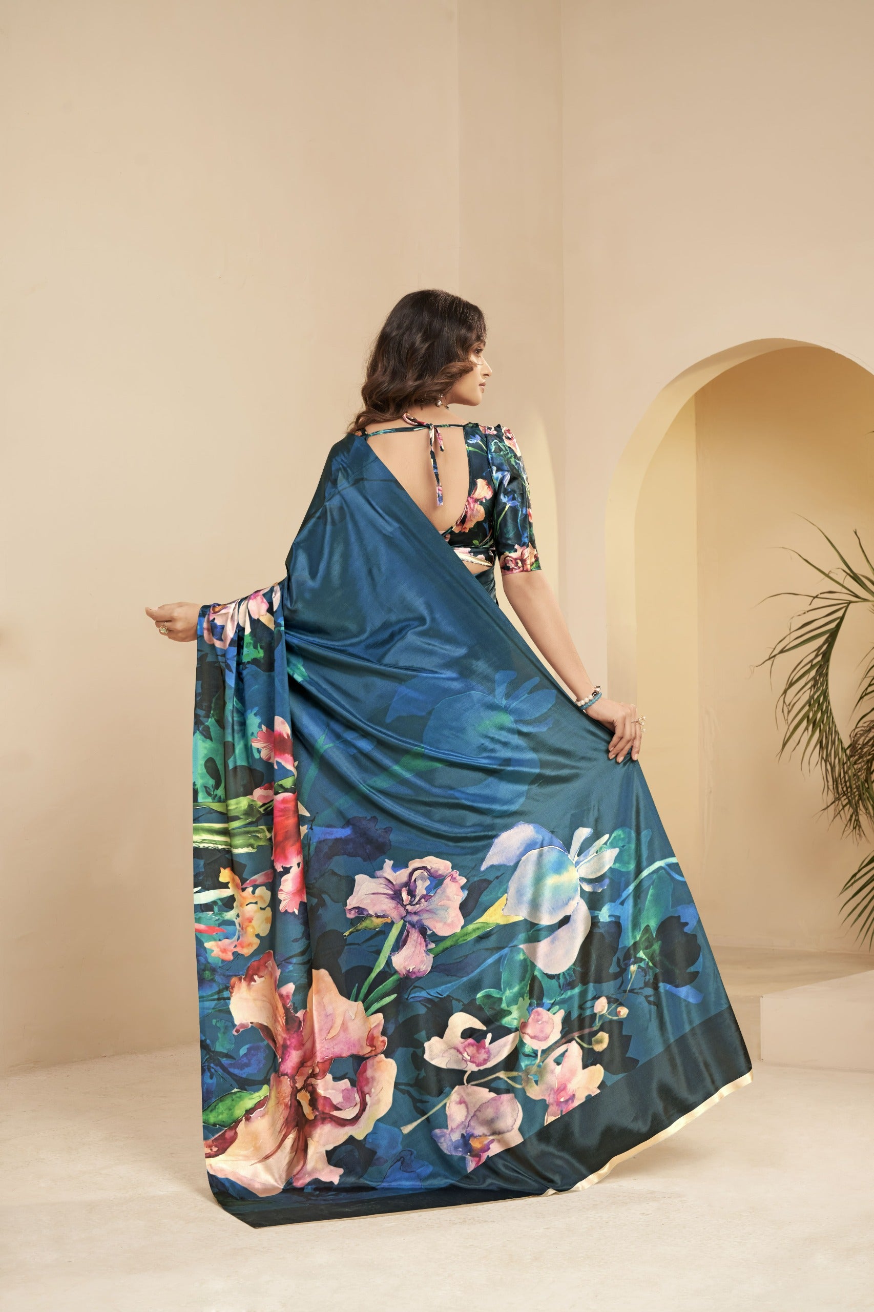 Premium Malai Crepe Soft Silk Saree with Digital Floral Print – Party Wear Saree