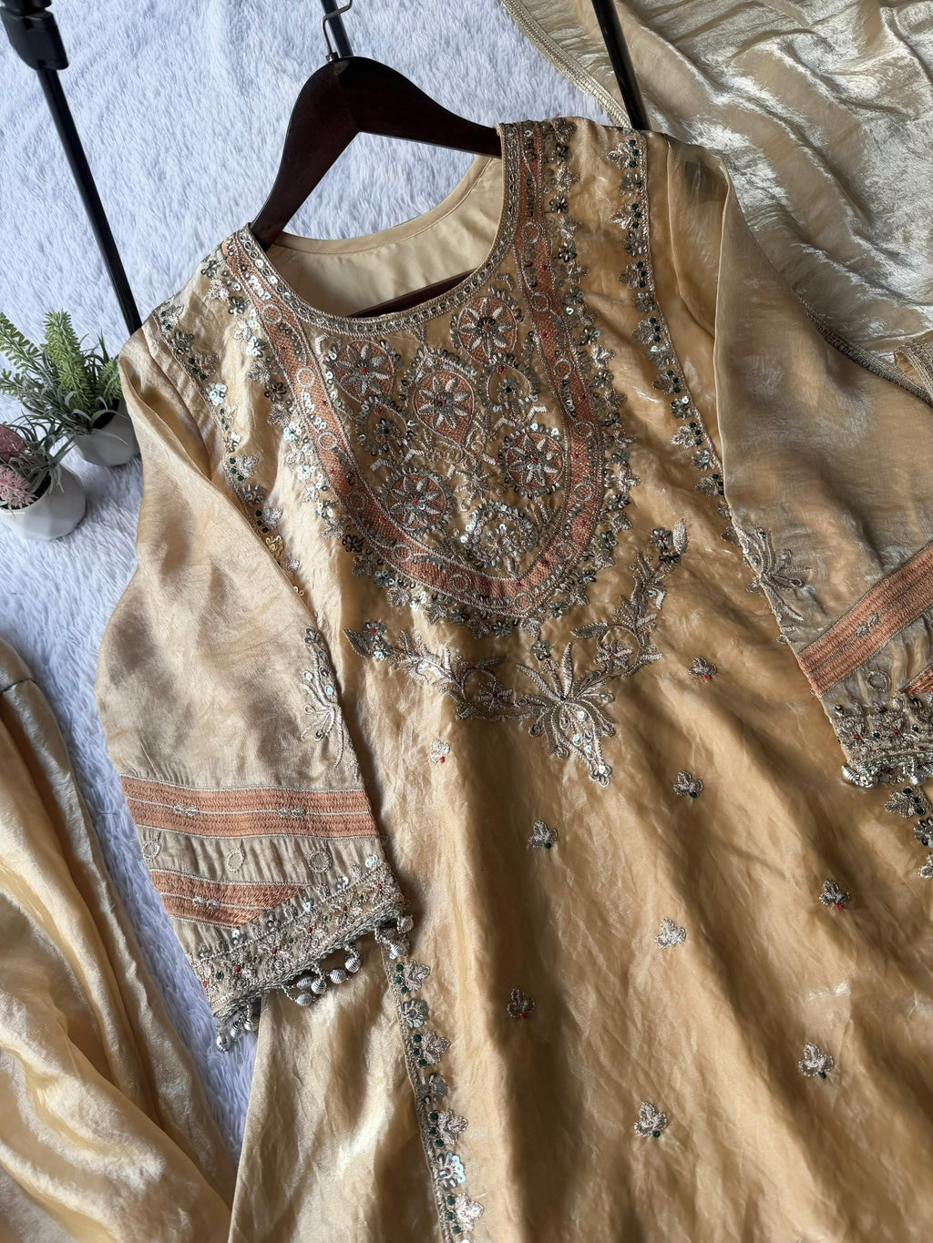 Golden Fendy Silk Sequence Embroidered Salwar Suit Set with Dupatta