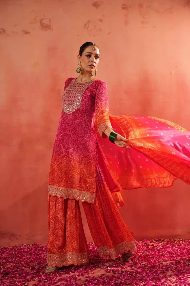 Festive Bandhej Print Sharara Suit Set For Women | Heavy Embroidery Chinon Silk Party Wear Outfit | Designer Sharara With Dupatta