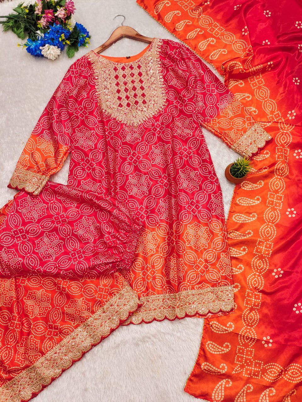 Festive Bandhej Print Sharara Suit Set For Women | Heavy Embroidery Chinon Silk Party Wear Outfit | Designer Sharara With Dupatta