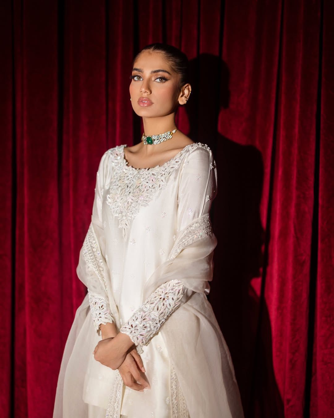 Hania Amir Inspired Embroidered Farsi Salwar Suit Set For Women | Glass Roman Silk Kurti Salwar Dupatta Set | Sequin Beads Party Wear Outfit