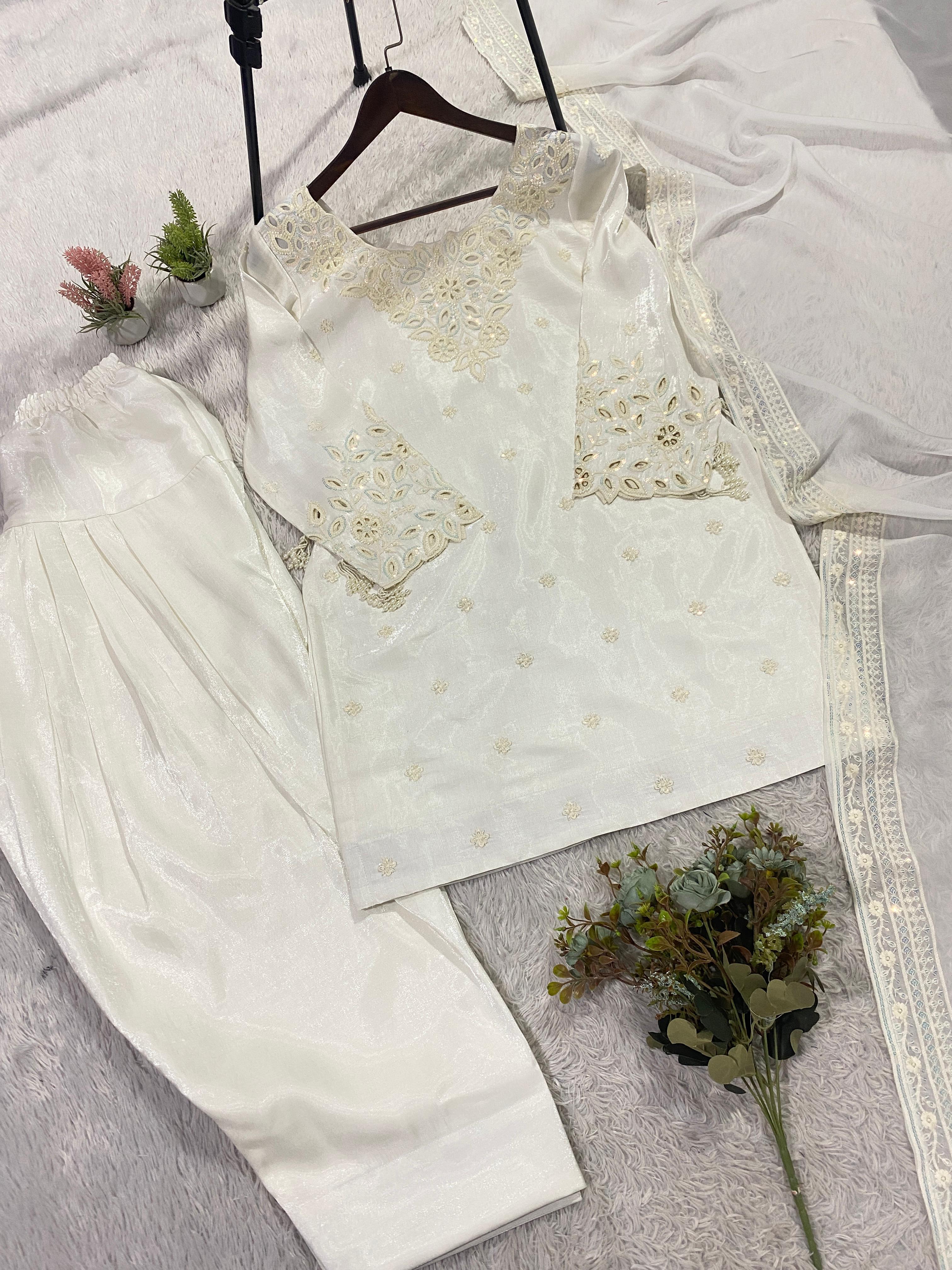 Hania Amir Inspired Embroidered Farsi Salwar Suit Set For Women | Glass Roman Silk Kurti Salwar Dupatta Set | Sequin Beads Party Wear Outfit