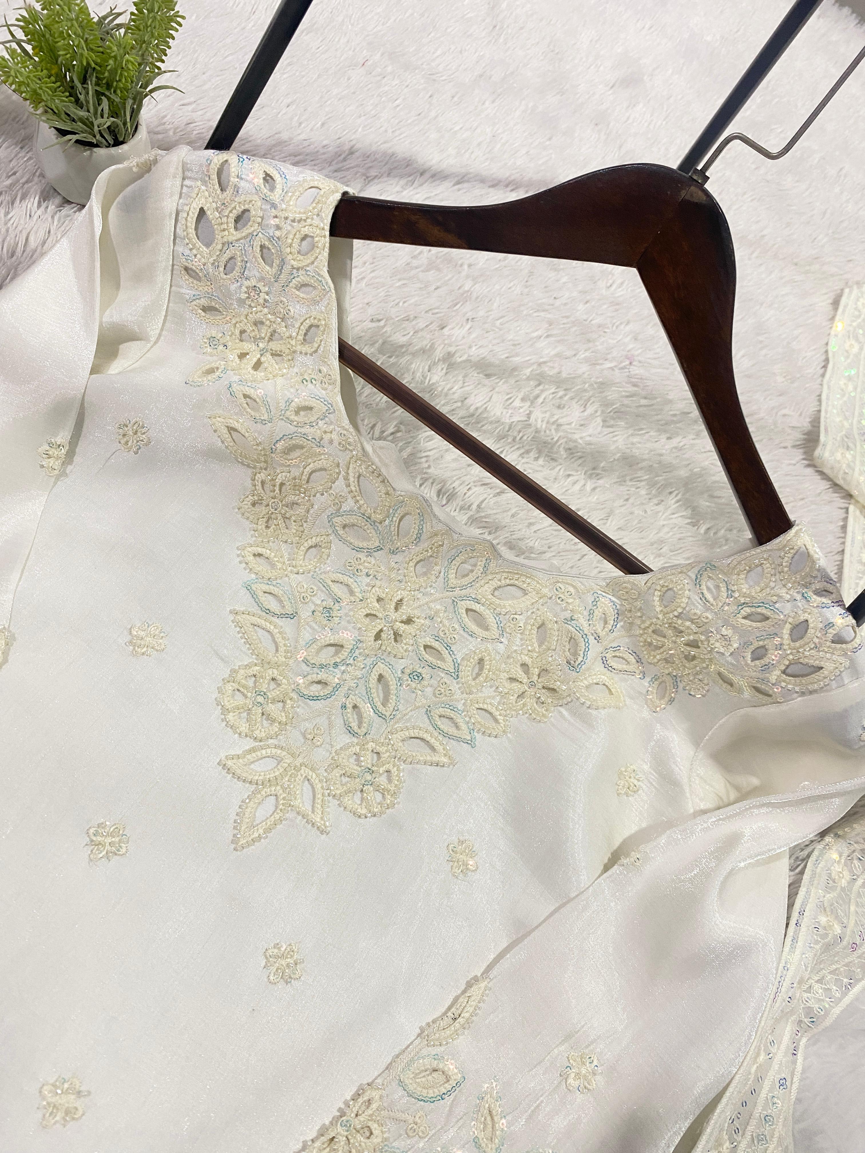 Hania Amir Inspired Embroidered Farsi Salwar Suit Set For Women | Glass Roman Silk Kurti Salwar Dupatta Set | Sequin Beads Party Wear Outfit