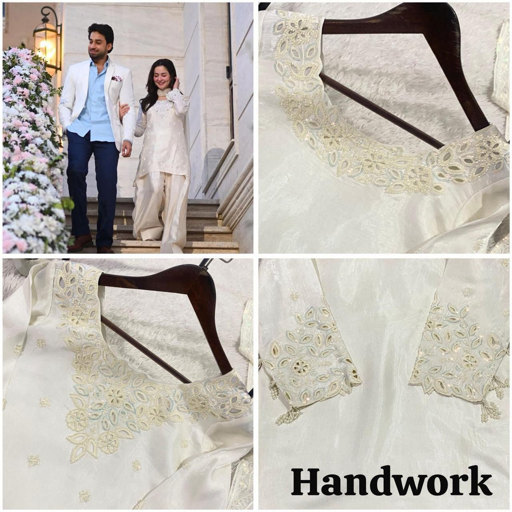 Hania Amir Inspired Embroidered Farsi Salwar Suit Set For Women | Glass Roman Silk Kurti Salwar Dupatta Set | Sequin Beads Party Wear Outfit