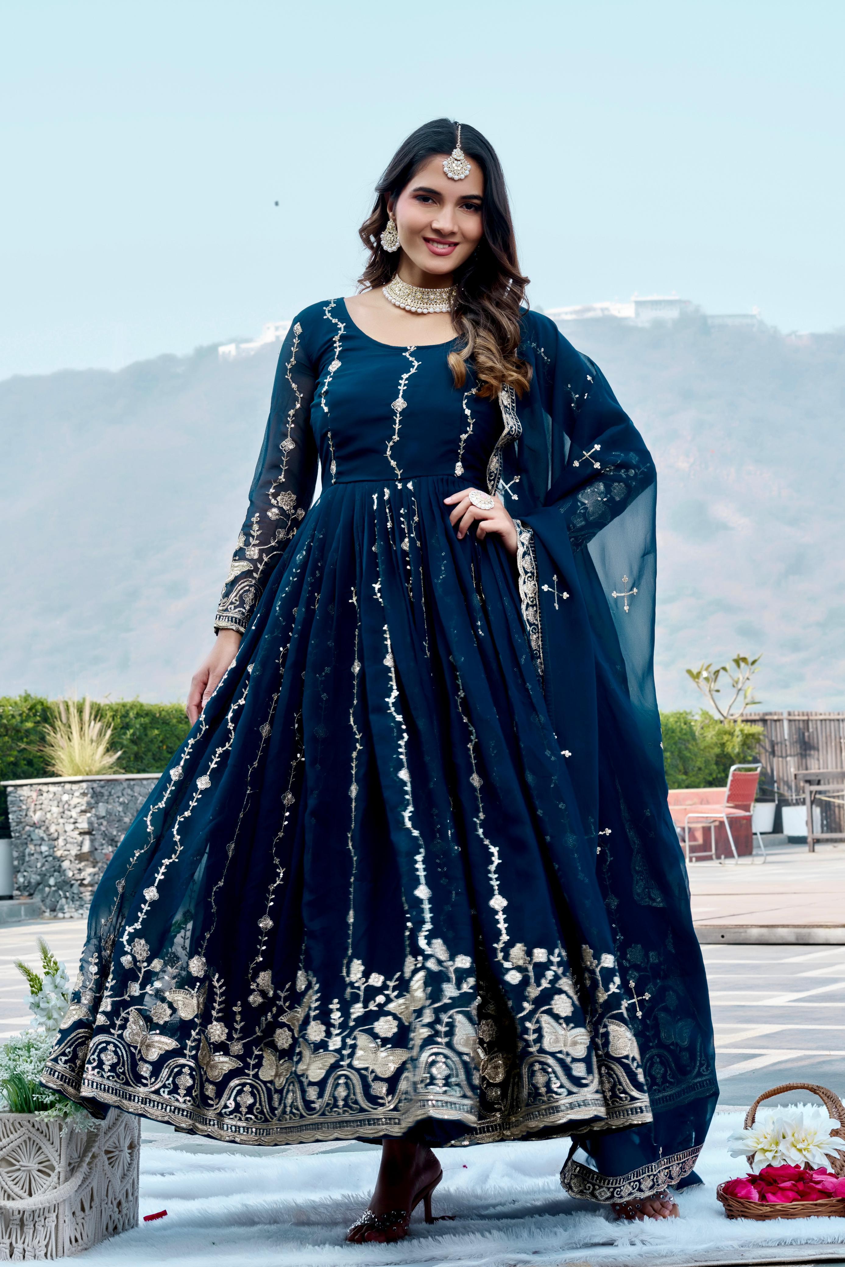 Festival Fox Georgette Embroidered Long Gown With Dupatta For Women | Heavy Sequence Work Designer Party Wear Outfit | Fully Stitched Ethnic Gown