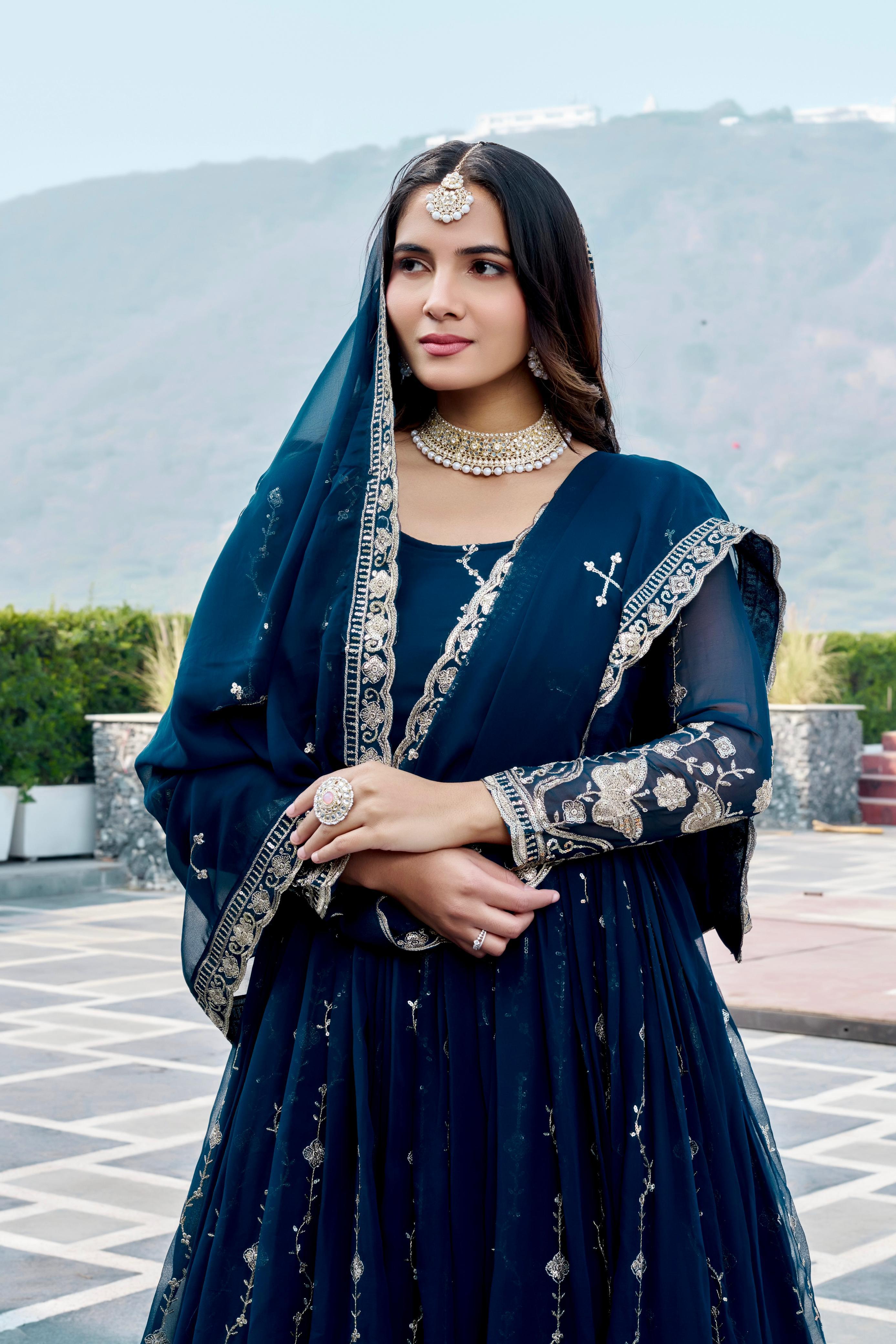 Festival Fox Georgette Embroidered Long Gown With Dupatta For Women | Heavy Sequence Work Designer Party Wear Outfit | Fully Stitched Ethnic Gown