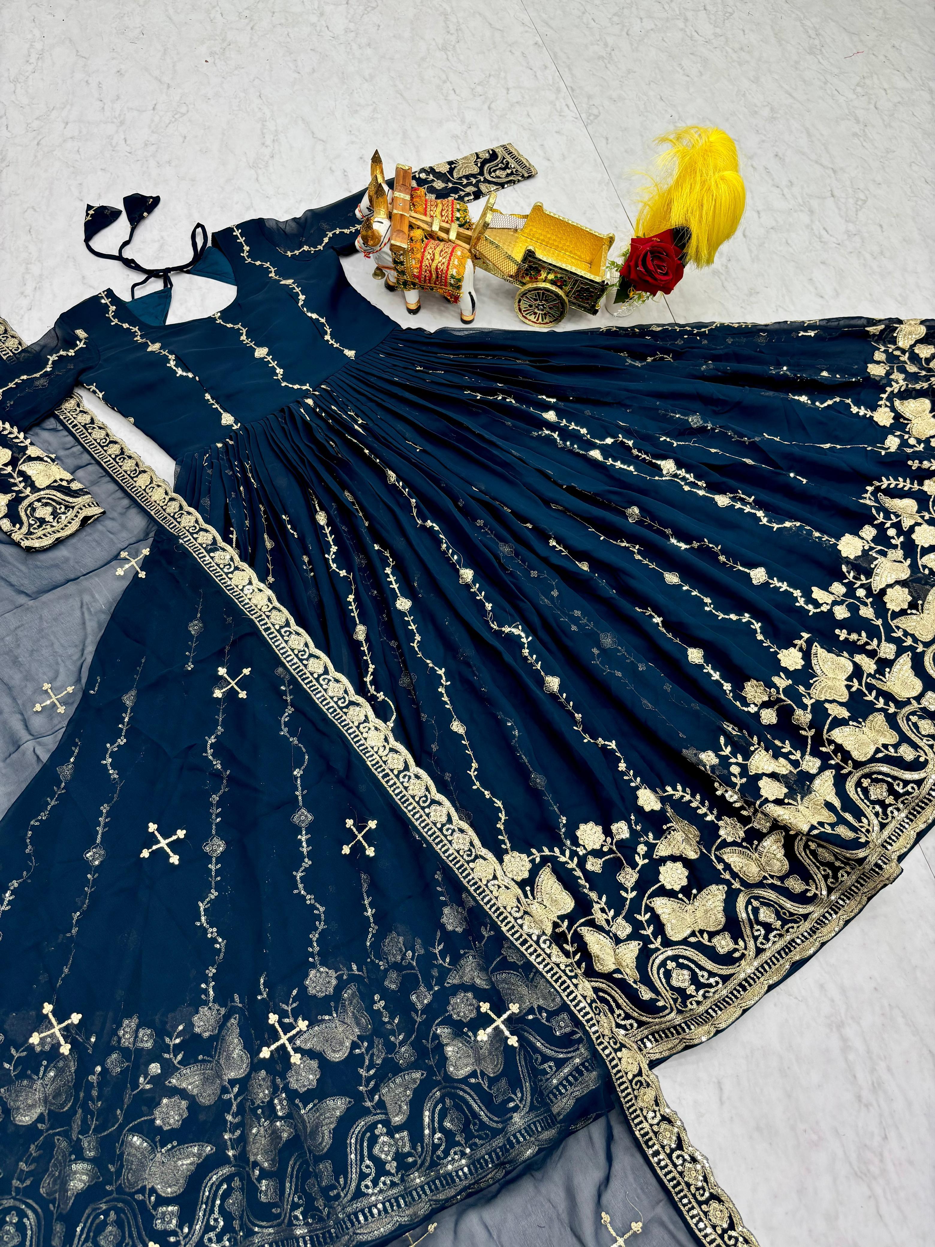 Festival Fox Georgette Embroidered Long Gown With Dupatta For Women | Heavy Sequence Work Designer Party Wear Outfit | Fully Stitched Ethnic Gown