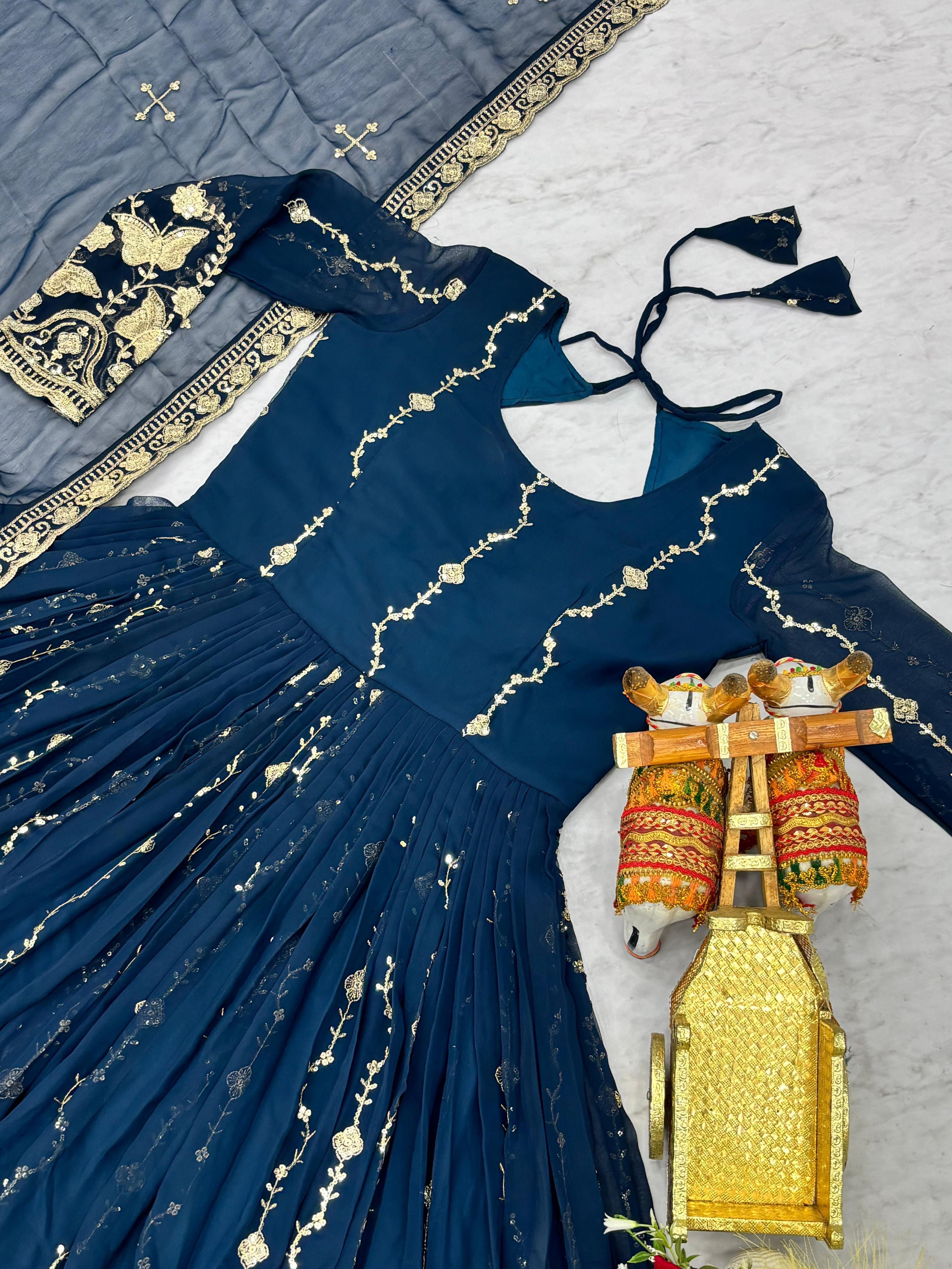 Festival Fox Georgette Embroidered Long Gown With Dupatta For Women | Heavy Sequence Work Designer Party Wear Outfit | Fully Stitched Ethnic Gown