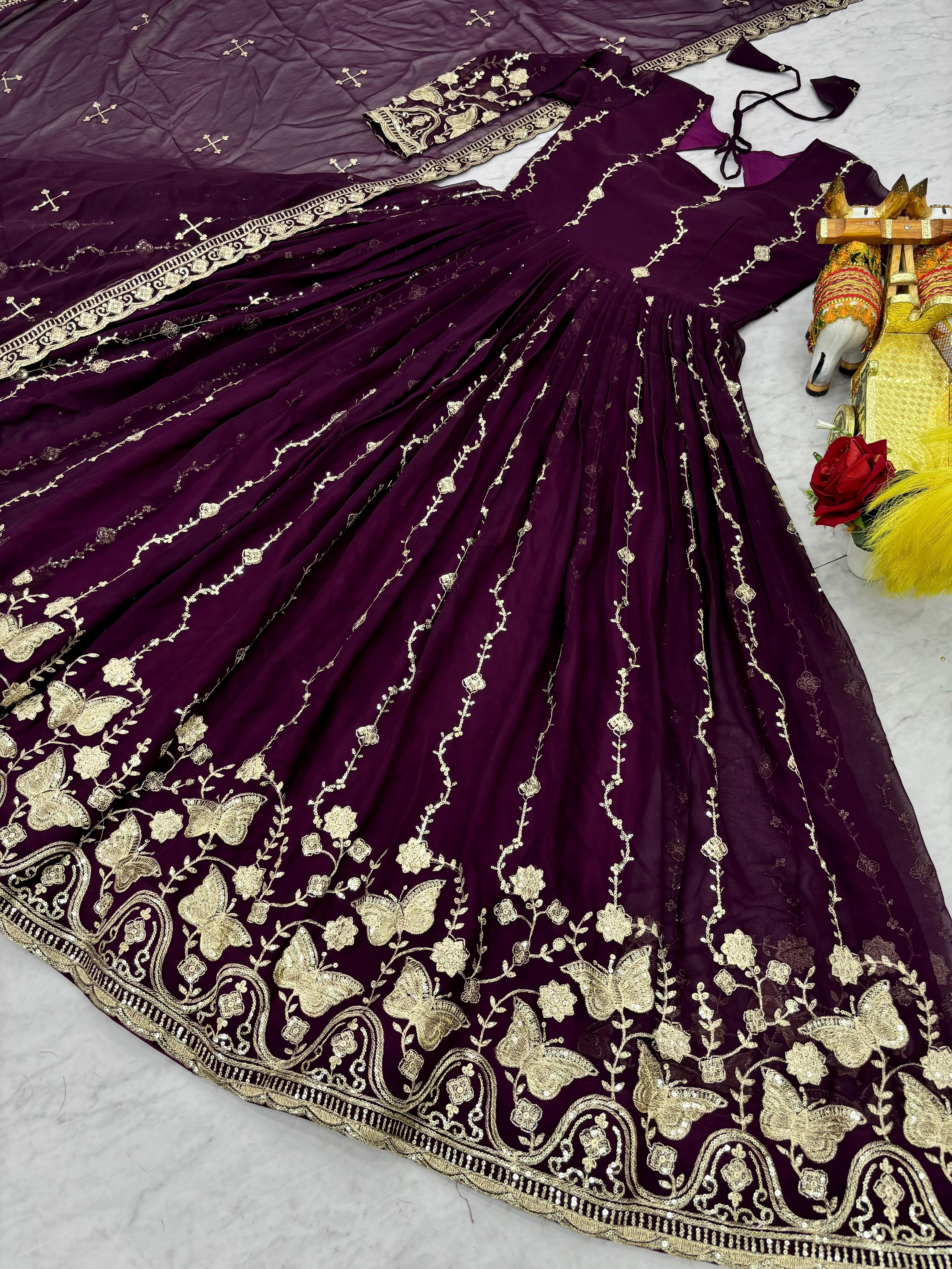 Festival Fox Georgette Embroidered Long Gown With Dupatta For Women | Heavy Sequence Work Designer Party Wear Outfit | Fully Stitched Ethnic Gown
