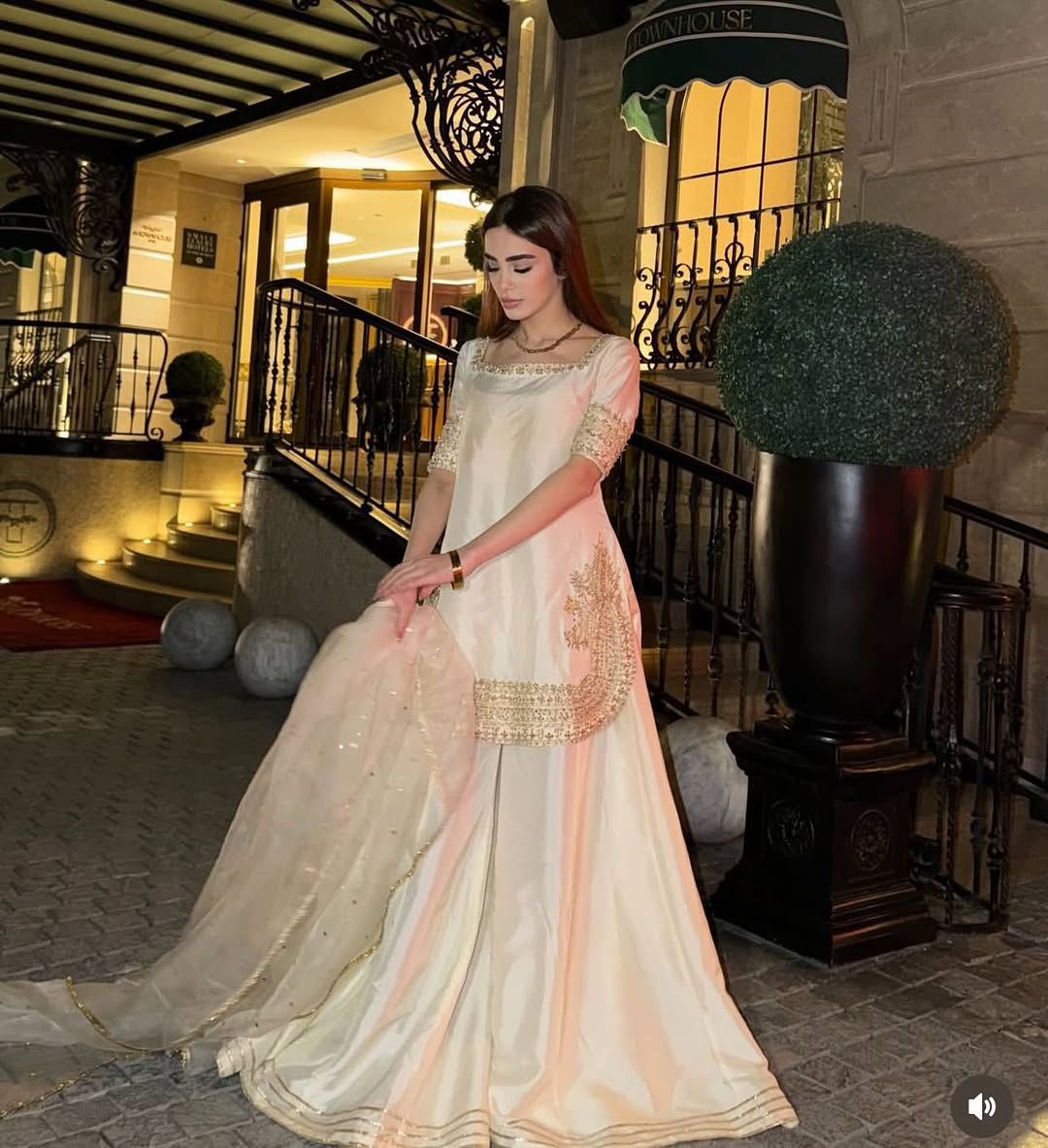 Natural Crepe Palazzo Suit Set For Women | Thread Sequence Embroidered 3 Piece Ethnic Outfit | Organza Silk Dupatta Party Wear Set