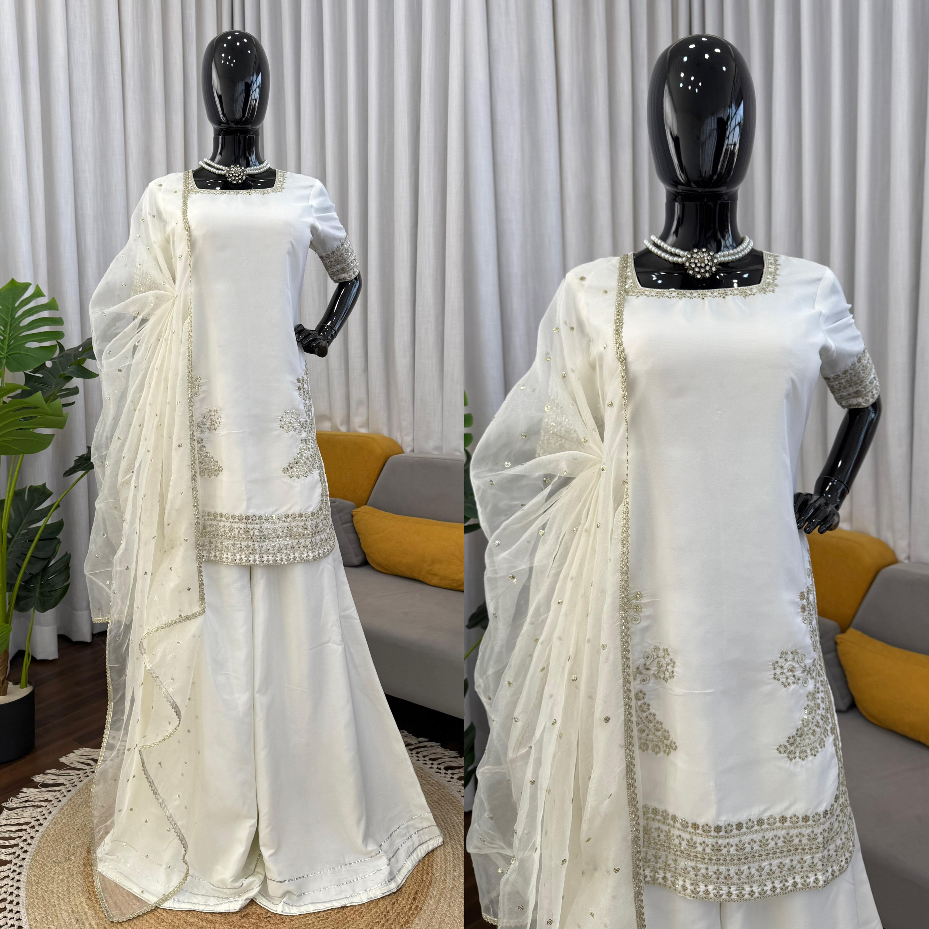 Natural Crepe Palazzo Suit Set For Women | Thread Sequence Embroidered 3 Piece Ethnic Outfit | Organza Silk Dupatta Party Wear Set