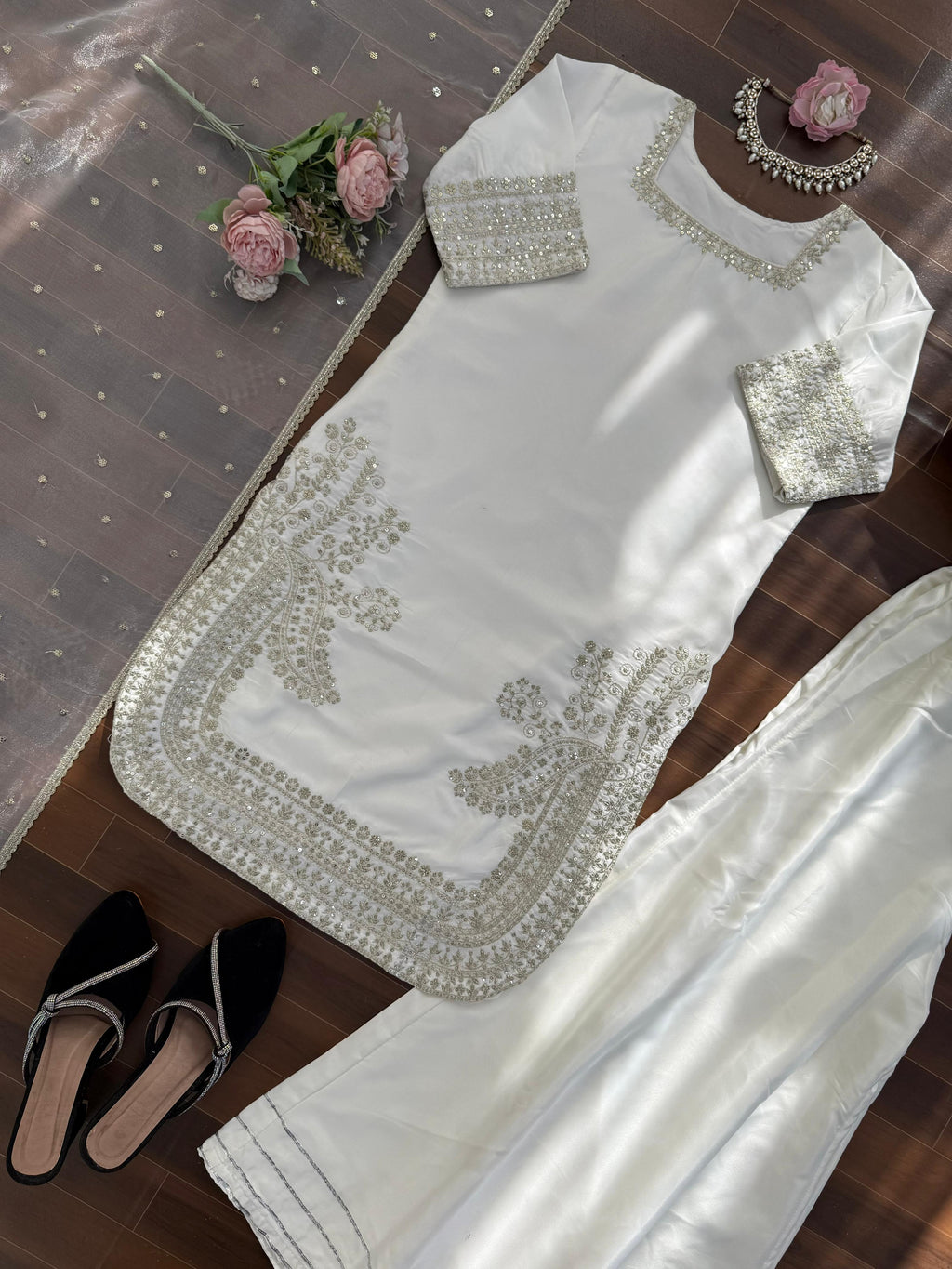 Natural Crepe Palazzo Suit Set For Women | Thread Sequence Embroidered 3 Piece Ethnic Outfit | Organza Silk Dupatta Party Wear Set
