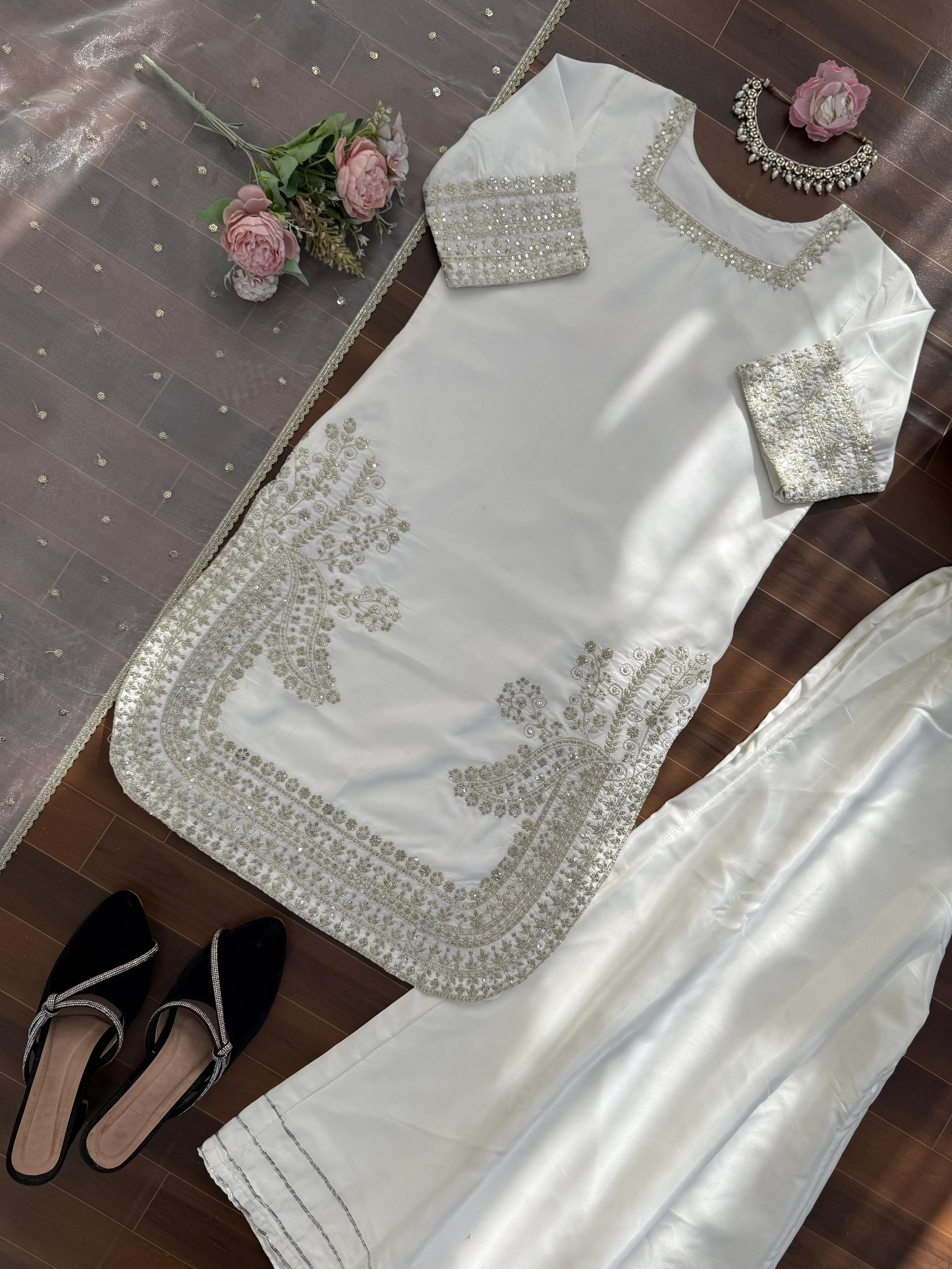 Natural Crepe Palazzo Suit Set For Women | Thread Sequence Embroidered 3 Piece Ethnic Outfit | Organza Silk Dupatta Party Wear Set