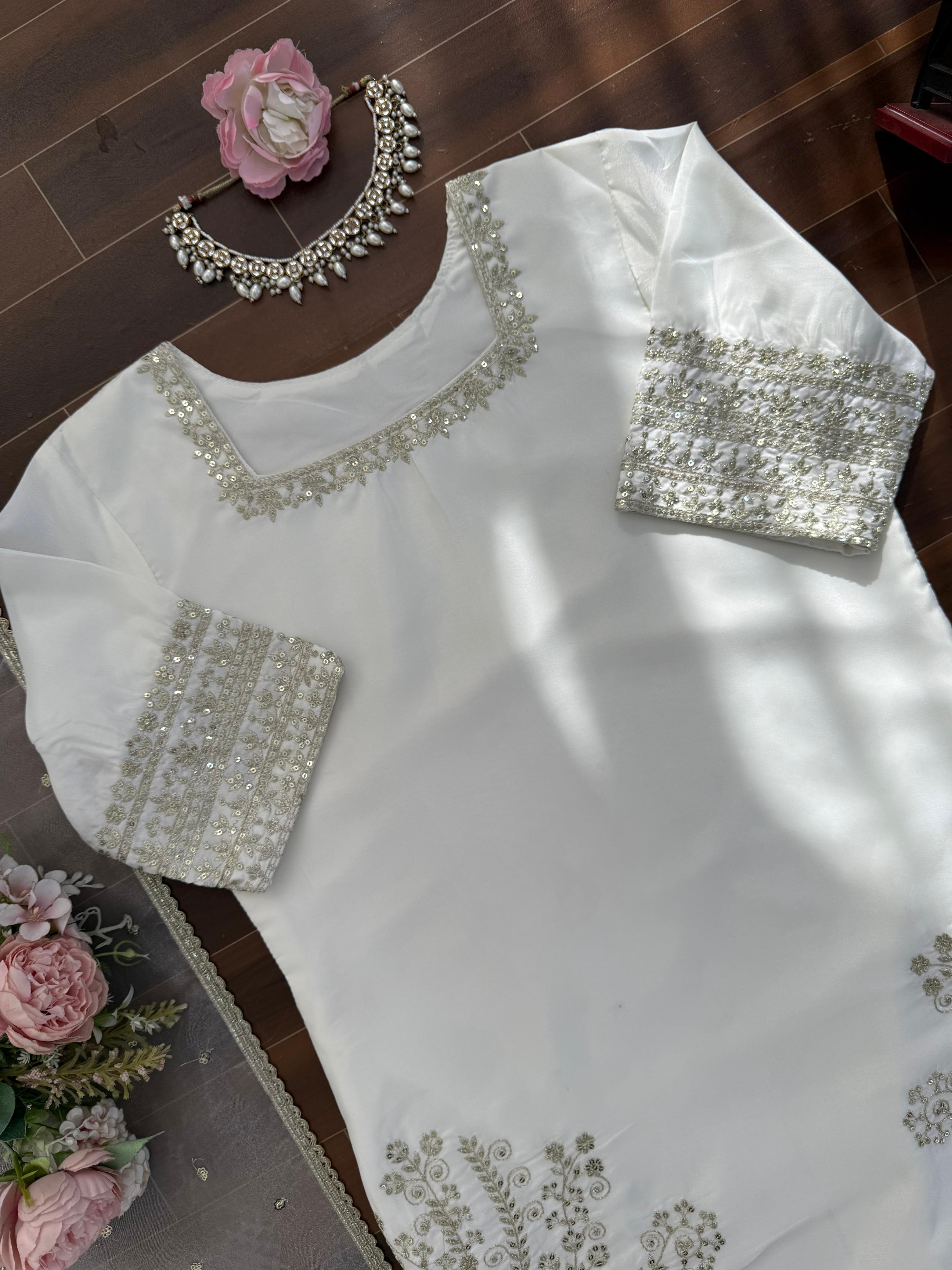 Natural Crepe Palazzo Suit Set For Women | Thread Sequence Embroidered 3 Piece Ethnic Outfit | Organza Silk Dupatta Party Wear Set