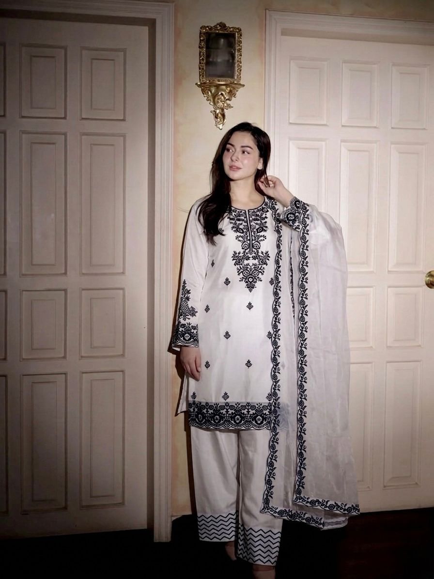 Rayon Cotton Embroidered Farshi Suit Set With GMY Silk Dupatta | Fully Stitched 3 Piece Ethnic Wear Outfit | Designer Thread Work Suit
