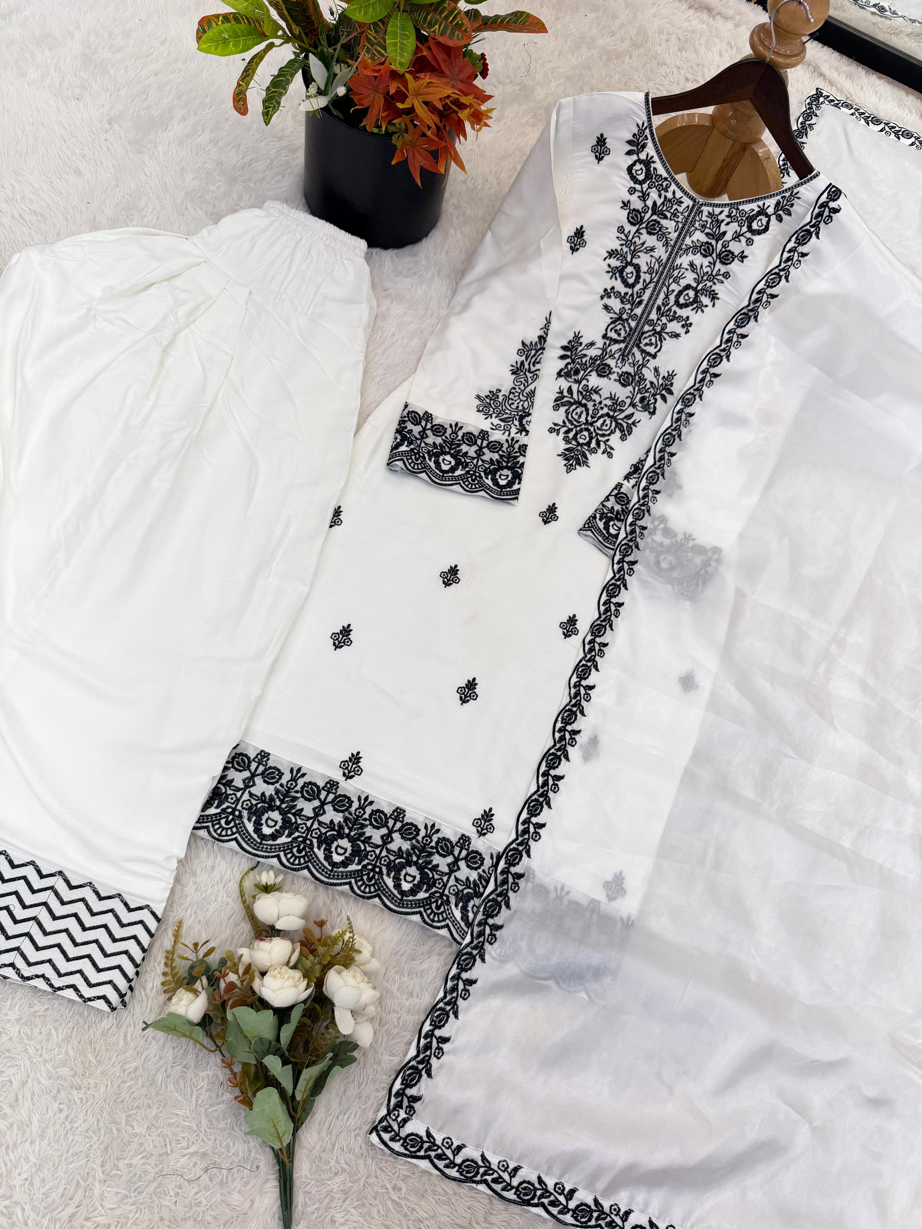 Rayon Cotton Embroidered Farshi Suit Set With GMY Silk Dupatta | Fully Stitched 3 Piece Ethnic Wear Outfit | Designer Thread Work Suit