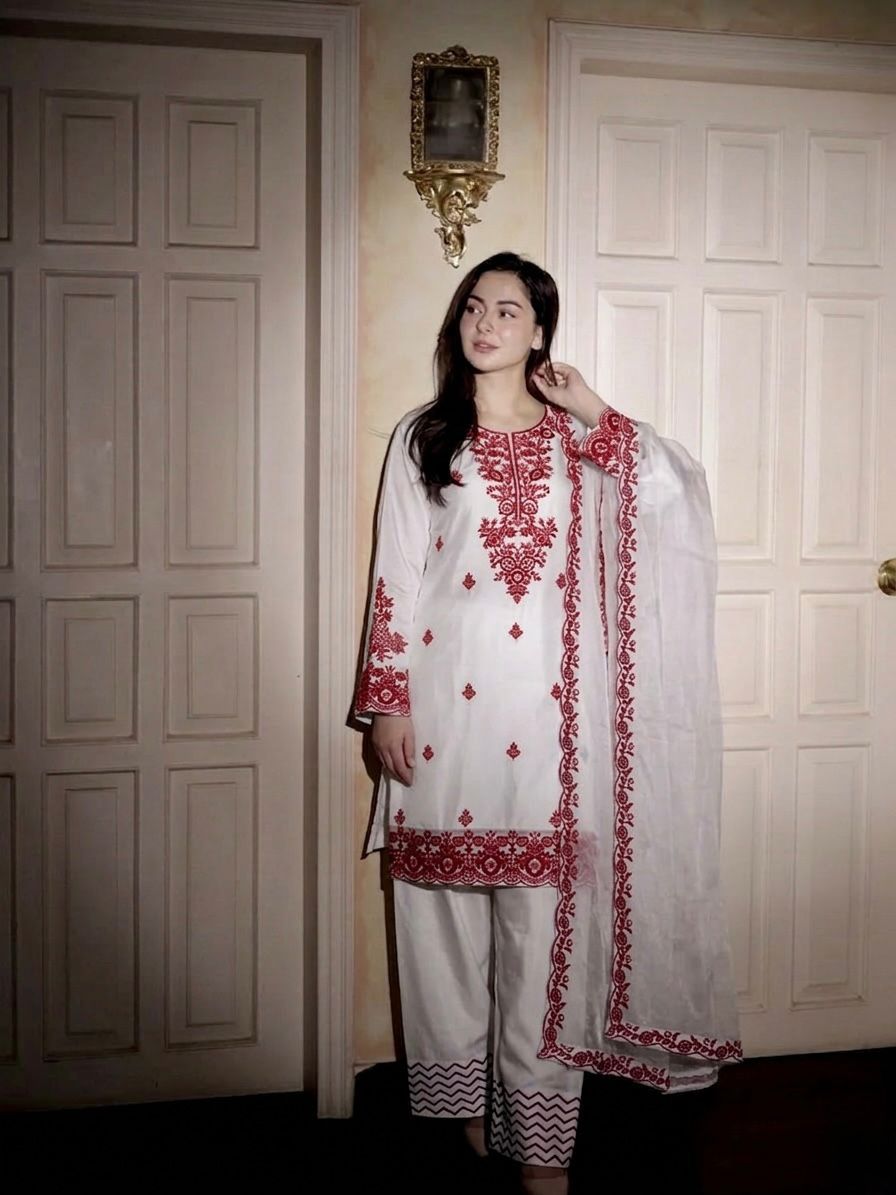 Rayon Cotton Embroidered Farshi Suit Set With GMY Silk Dupatta | Fully Stitched 3 Piece Ethnic Wear Outfit | Designer Thread Work Suit