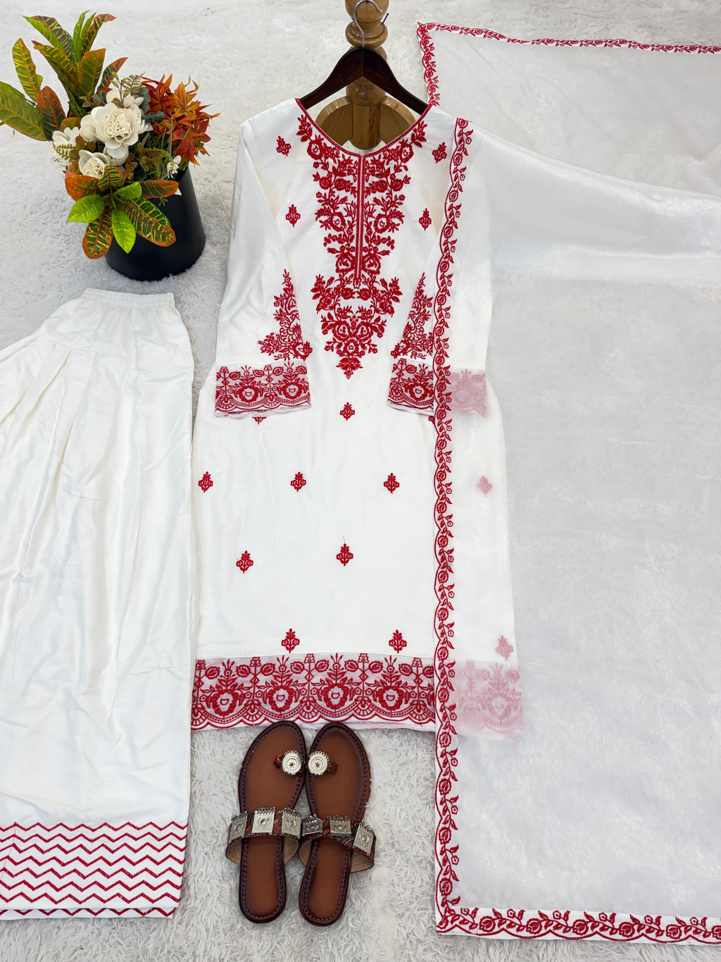Rayon Cotton Embroidered Farshi Suit Set With GMY Silk Dupatta | Fully Stitched 3 Piece Ethnic Wear Outfit | Designer Thread Work Suit