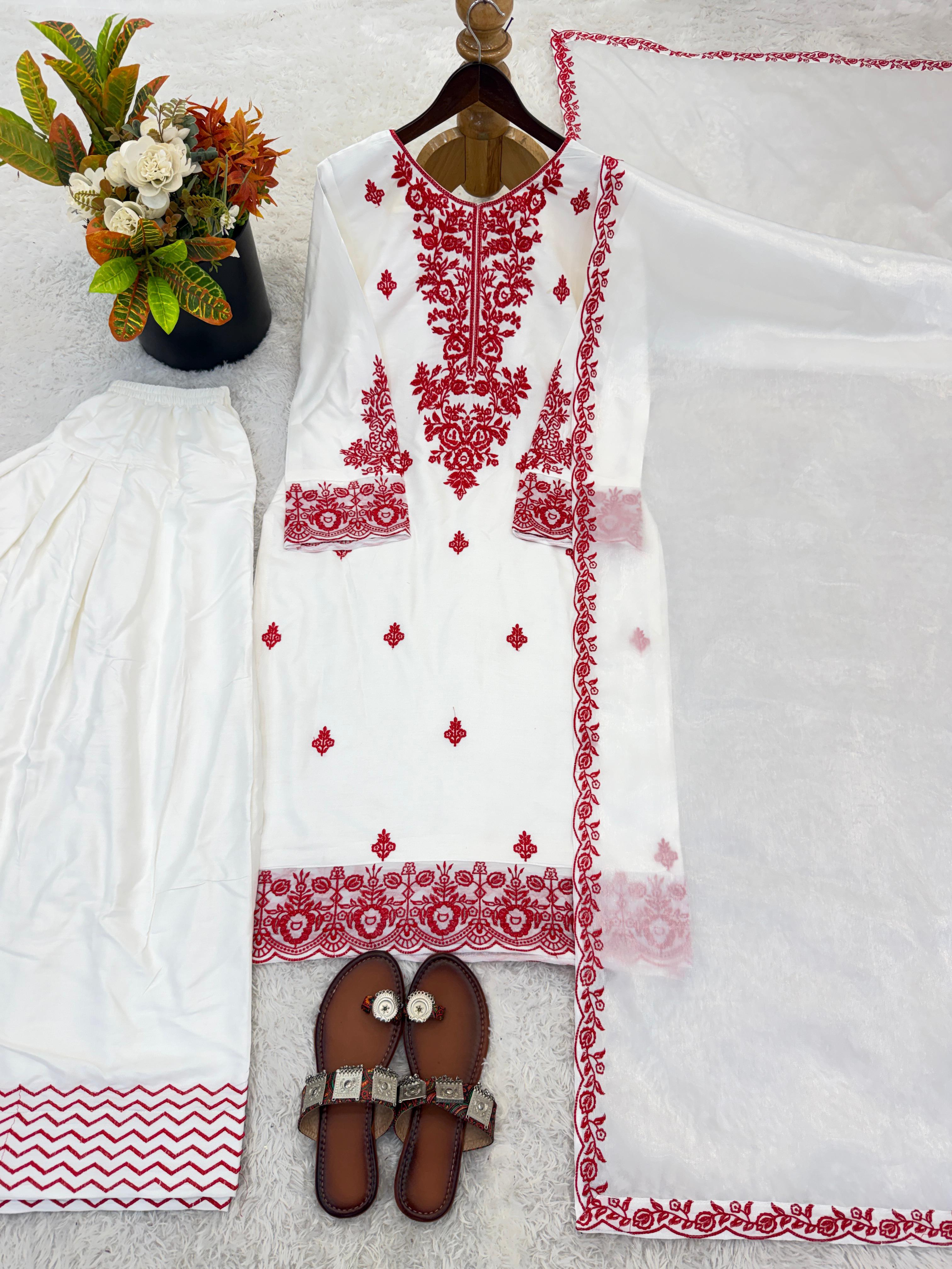 Rayon Cotton Embroidered Farshi Suit Set With GMY Silk Dupatta | Fully Stitched 3 Piece Ethnic Wear Outfit | Designer Thread Work Suit