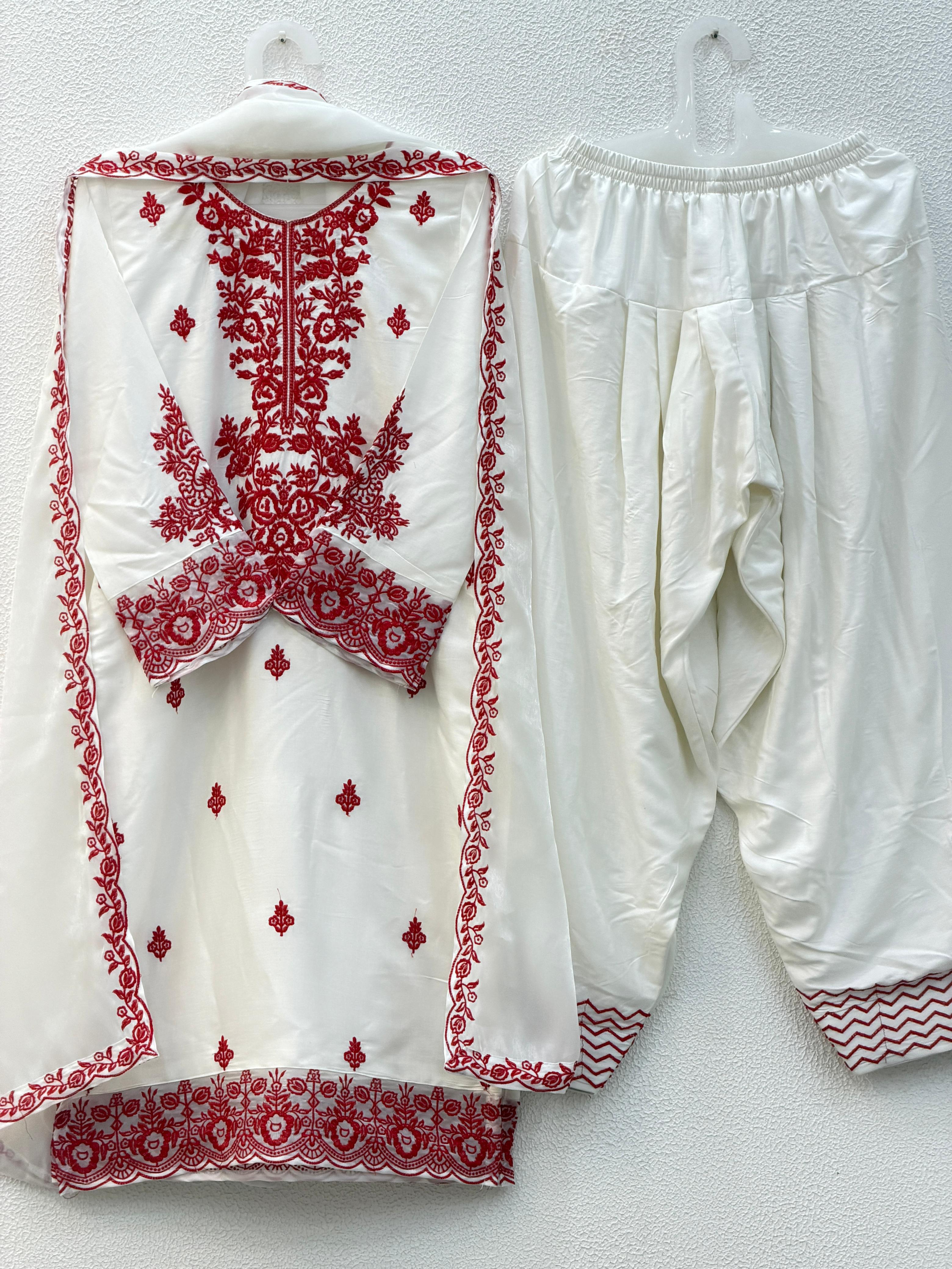 Rayon Cotton Embroidered Farshi Suit Set With GMY Silk Dupatta | Fully Stitched 3 Piece Ethnic Wear Outfit | Designer Thread Work Suit
